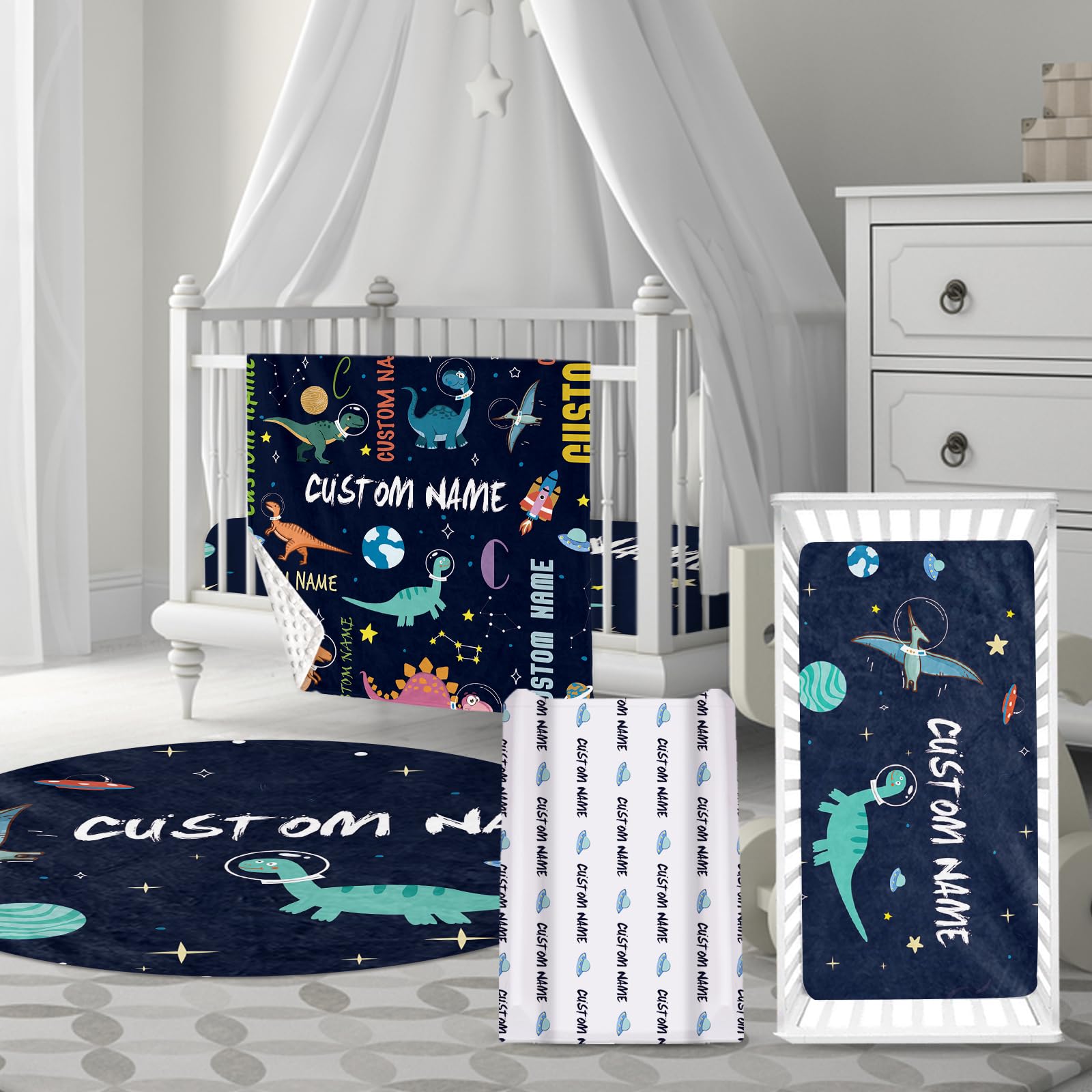 HSHRYY Personalized Baby Bedding Set – Custom Name Blanket, Fitted Crib Sheet, Changing Pad Cover & Room Rug - Dark Blue Dinosaur – 4-Piece Infant Crib Décor - A Wonderful Gift for Baby Boy
