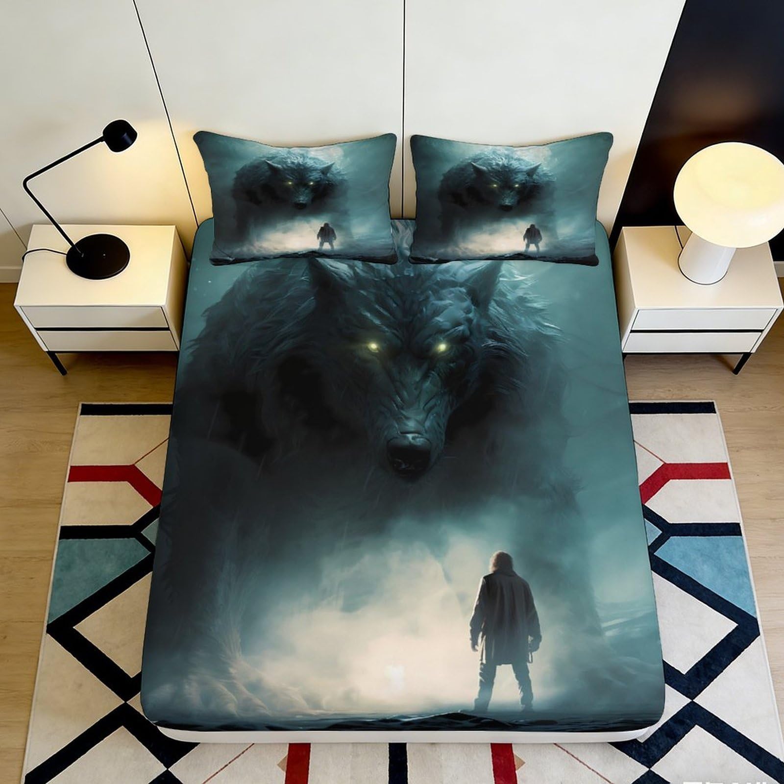 3D Printed Dark Wolf Fitted Sheet Microfiber Soft Breathable Mystic Forest Bed Cover for Bedroom Dormitory Guest Room Mattress Protection Decor 120x200x25cm