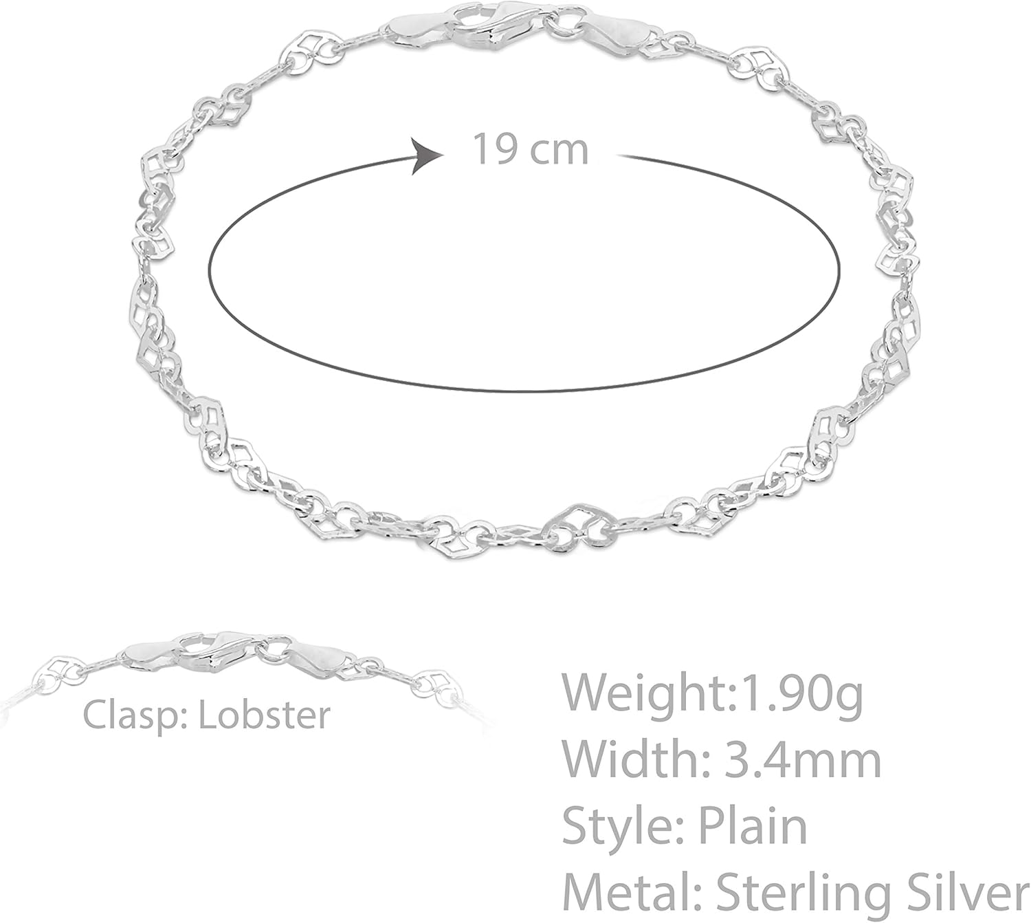 Tuscany Silver Sterling Silver 3.4mm Patterned Heart Link Bracelet of 19cm/7.5"