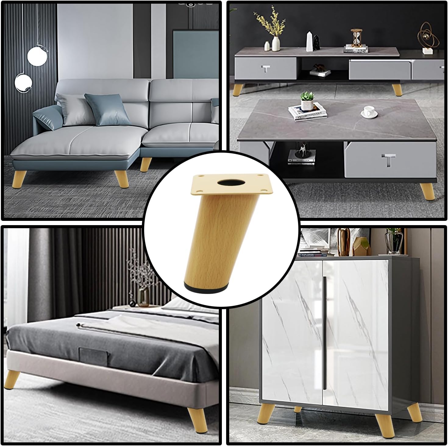 4 Inch Mid Century Modern Furniture Legs - 4 Pack Solid Wood Tapered Legs in White Oak Finish Replacement Sofa Legs for Couch, Bed, Dresser, TV Stand, Cabinet (Hardware Included)