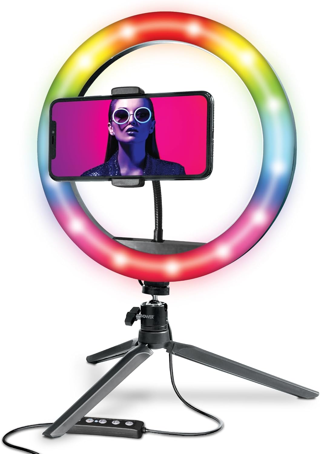 Bower 10 inch RGB Selfie Desktop Ring Light Stand Studio Kit – Ultra Wide Range, 9 Colors, 12 Brightness Levels, Special Effects, Tripod, Phone Clip/Holder