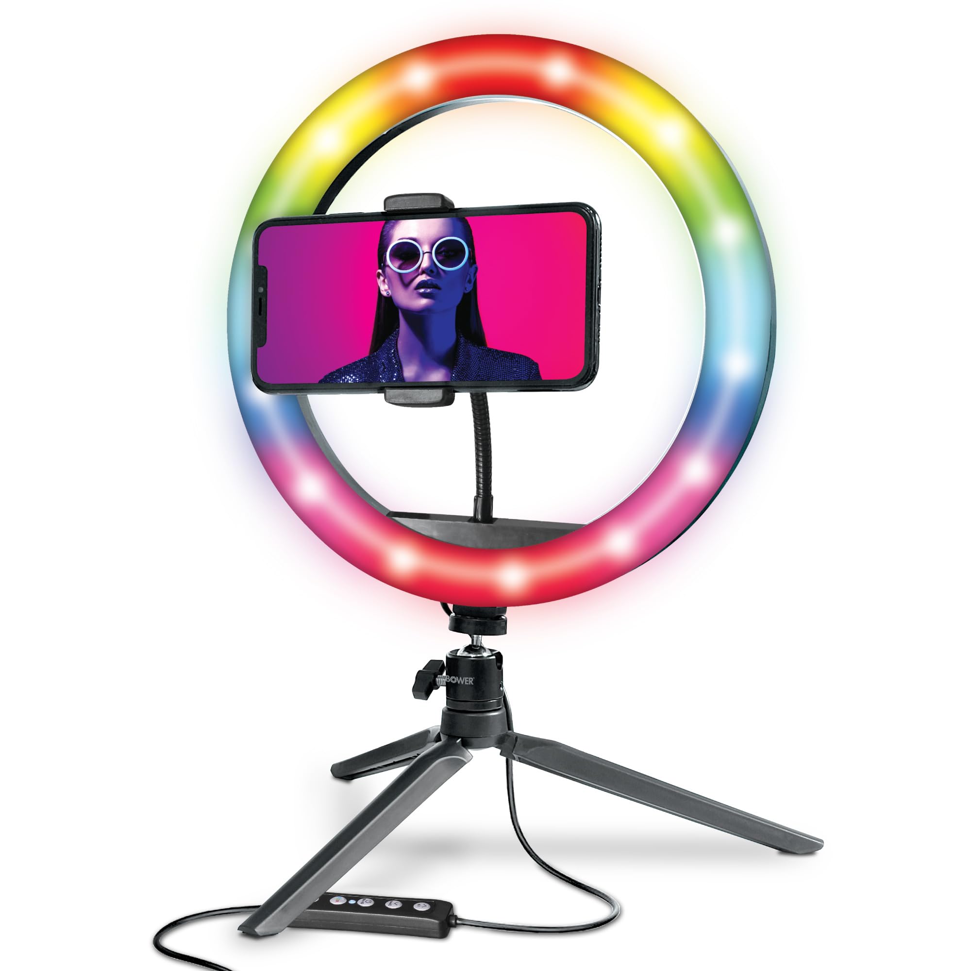 Bower 10 inch RGB Selfie Desktop Ring Light Stand Studio Kit - Ultra Wide Range, 9 Colors, 12 Brightness Levels, Special Effects, Tripod, Phone Clip/Holder-image-11