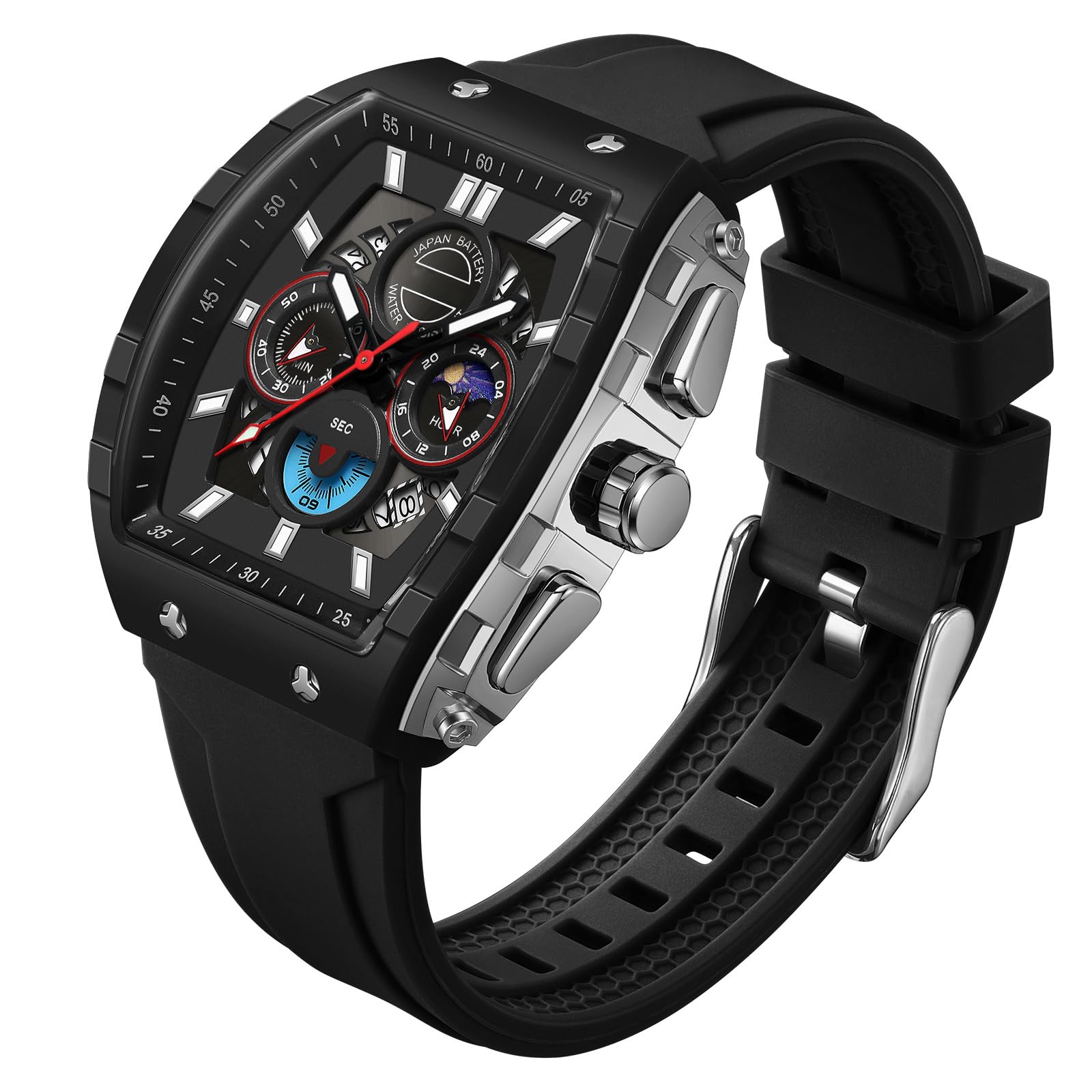 findtime Grande Écran Montre Rectangulaire Homme Militaire Tactique de Sport Analogique à Quartz Grand Cadran 5ATM, Alarme Rétroéclairage Montre Étanche Bracelet Respirant et Confortable