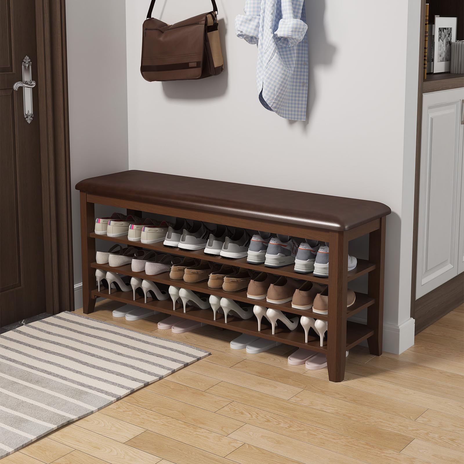 KINGBO 47" Shoe Bench with 2 Drawers, 3Tier Solid Wood