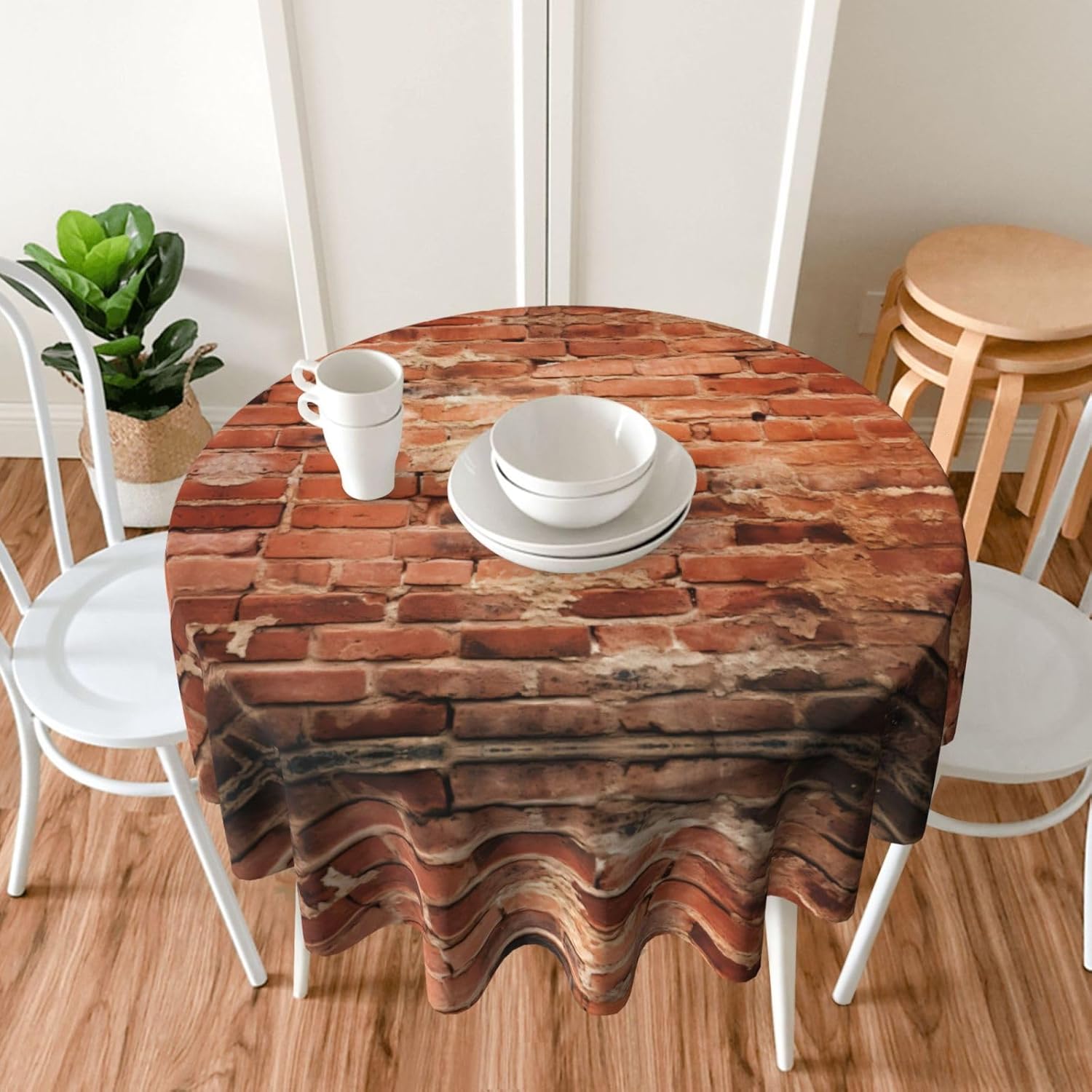 Red Brick Wall Print Wrinkle Free Dining Table Cover for Birthday Party Farmhouse Tablecloths Up to 60 x 60 Inches