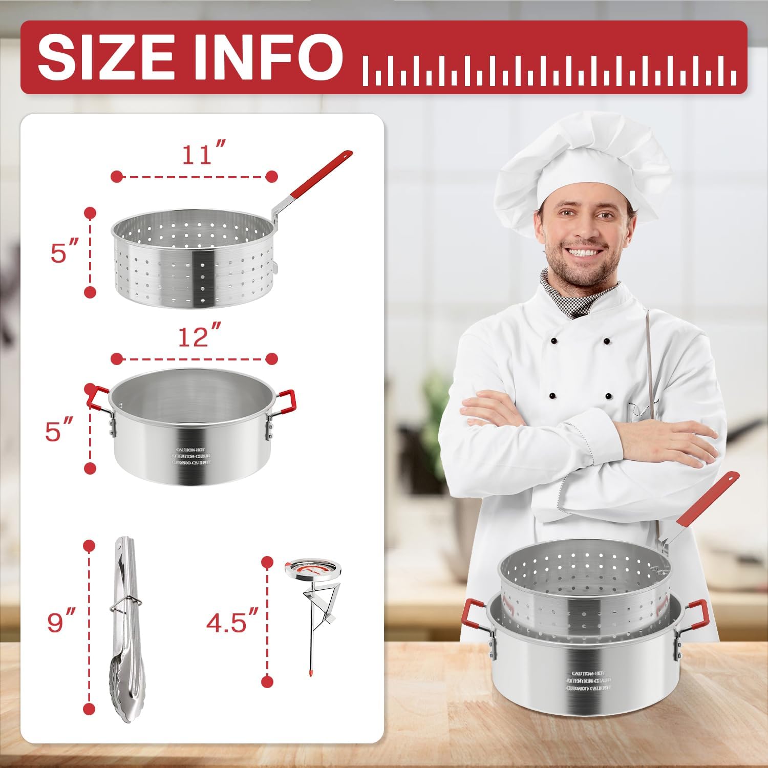 10QT Aluminum Fish Fryer Pot | with Lid & Tong | Deep Fryer with Basket | Indoor & Outdoor Cooking | All-Round Protection | Accessory Gift Pack | Perfect For Boiling ＆ Frying