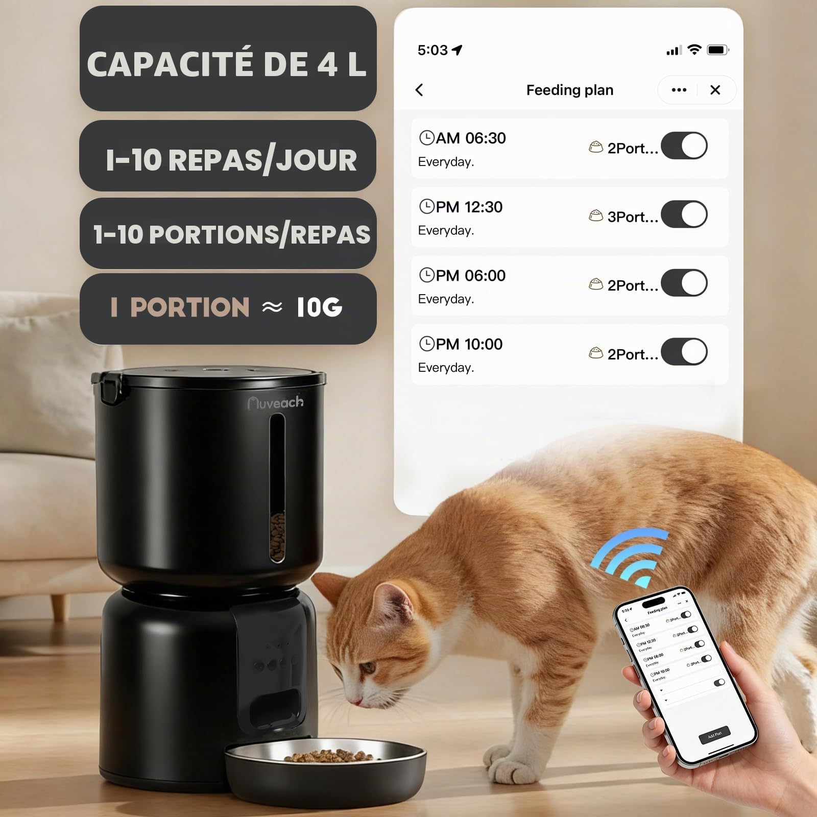 Distributeur Croquettes Chat Automatique et Fontaine Set - 4L WiFi 2,4G Gamelle Automatique Programmable 1-10 Repas/Jour, Enregistrement Vocal 10S, 2.2L Fontaine à Eau pour Chats (Noir)