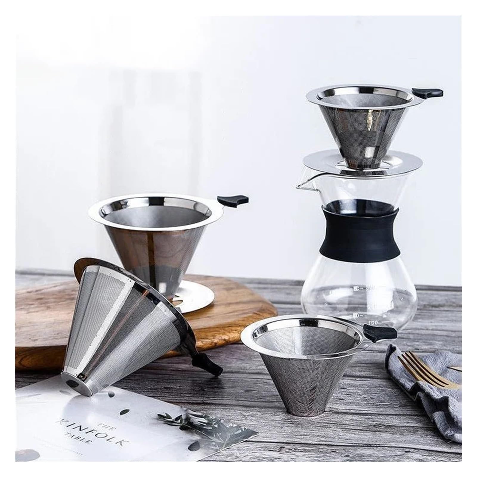 1 Filtro de café Doble Capa Acero Inoxidable 304, Soporte for Verter, Malla Goteo for té(Size M with Base)