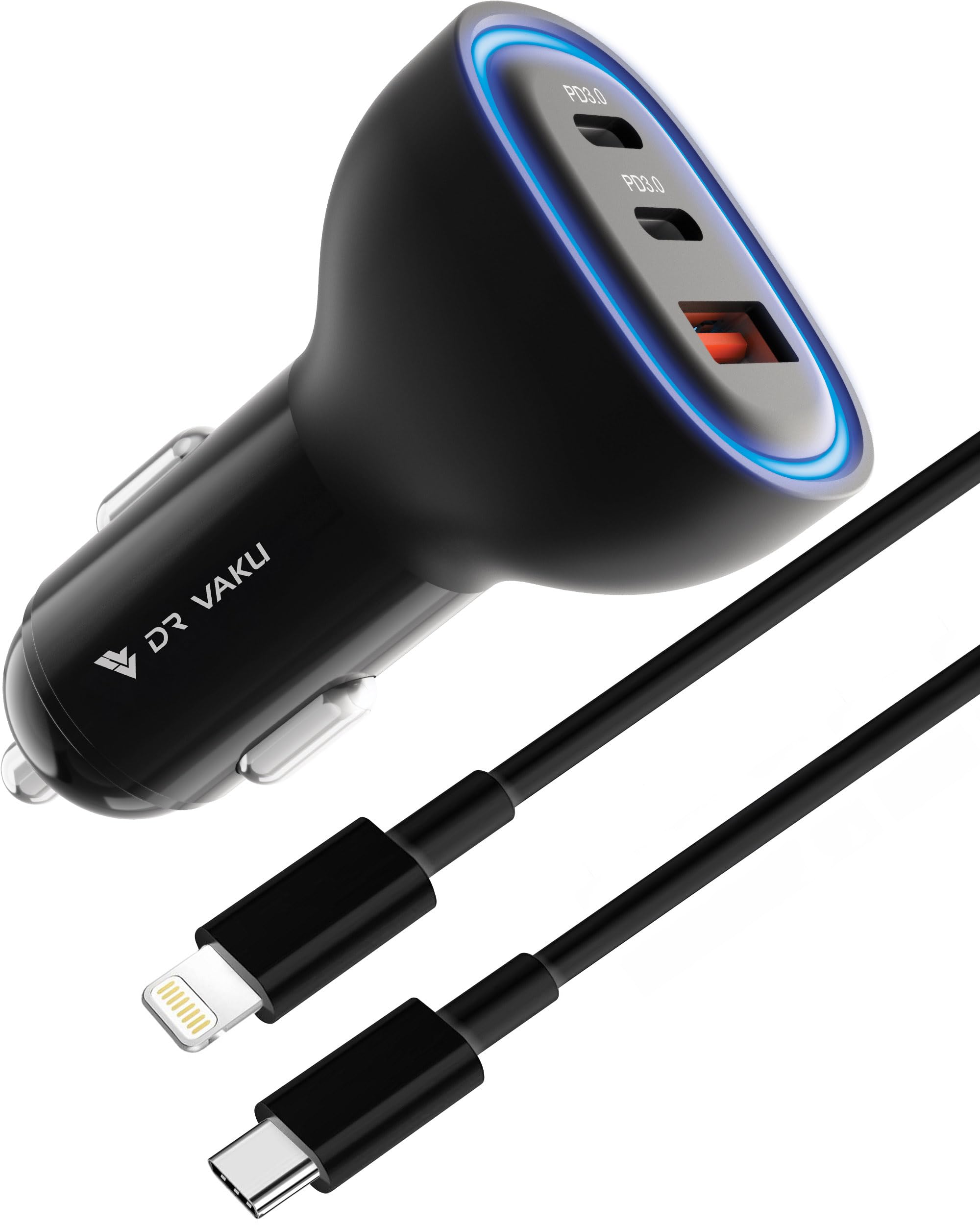 DR VAKU® 65W Car Charger Triple Port Output Fast Charging Type C PD 45w + 20w + 18w QC 3.0 for iPhone 15/14/13 All Series & Android Phones with 1 Meter Type C to Lightning Data Cable (Charger+Cable)-image-20