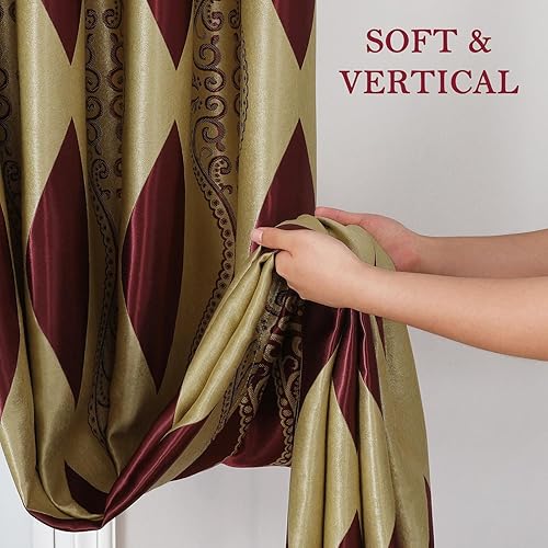 Miniatura 5 de HOMEIDEAS Cortinas burdeos y doradas para sala de estar, 52 x 84 pulgadas de largo, juego de 2 paneles de cortinas de jacquard ondulado con ojales