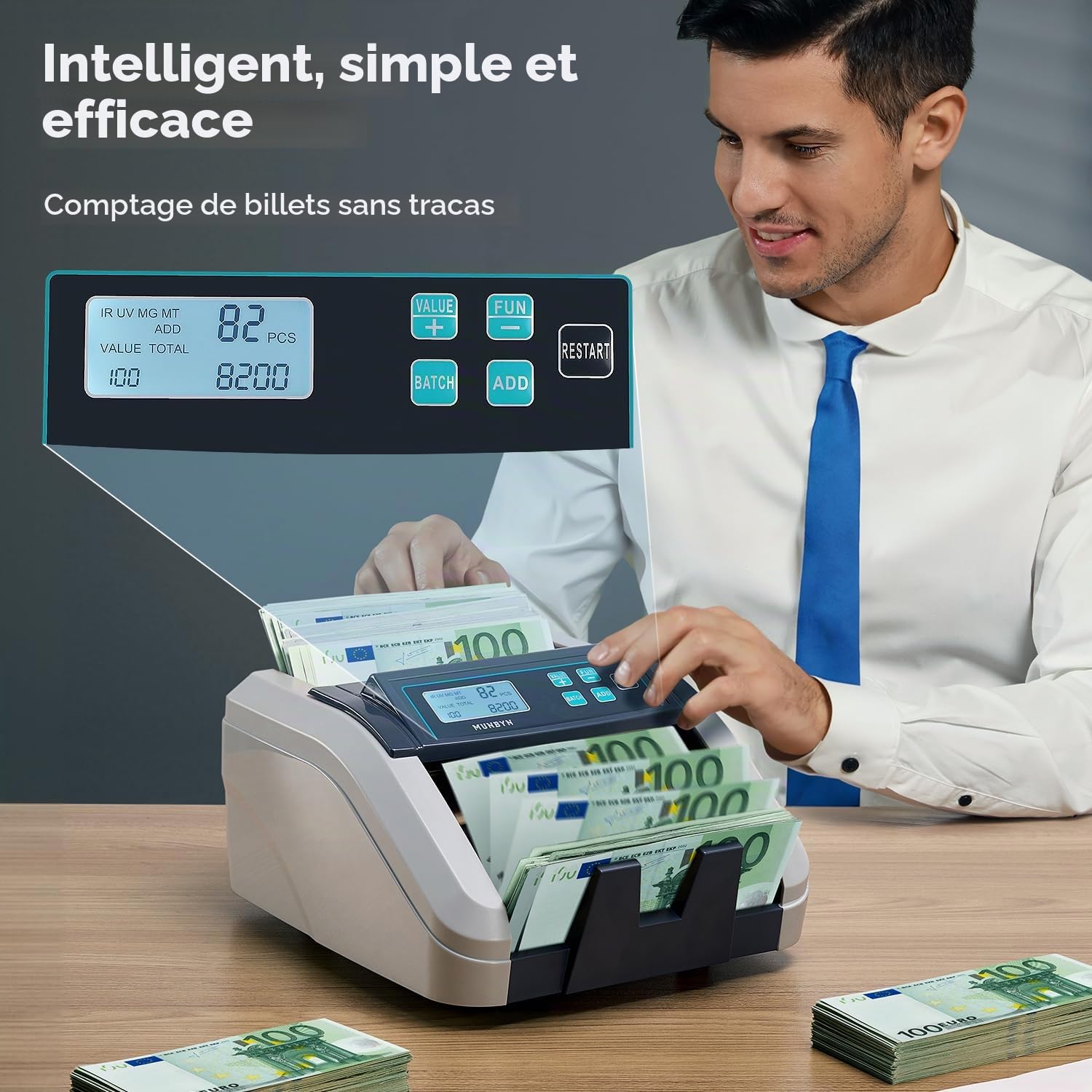MUNBYN IMC51 Machine à compter l'argent, Compteur de billets en mode ajout+lot, Détection UV/MG/IR, Compteur de billets en EUR uniquement, 1100 billets/min, Affichage LCD, 2 ans de garantie (Gris)