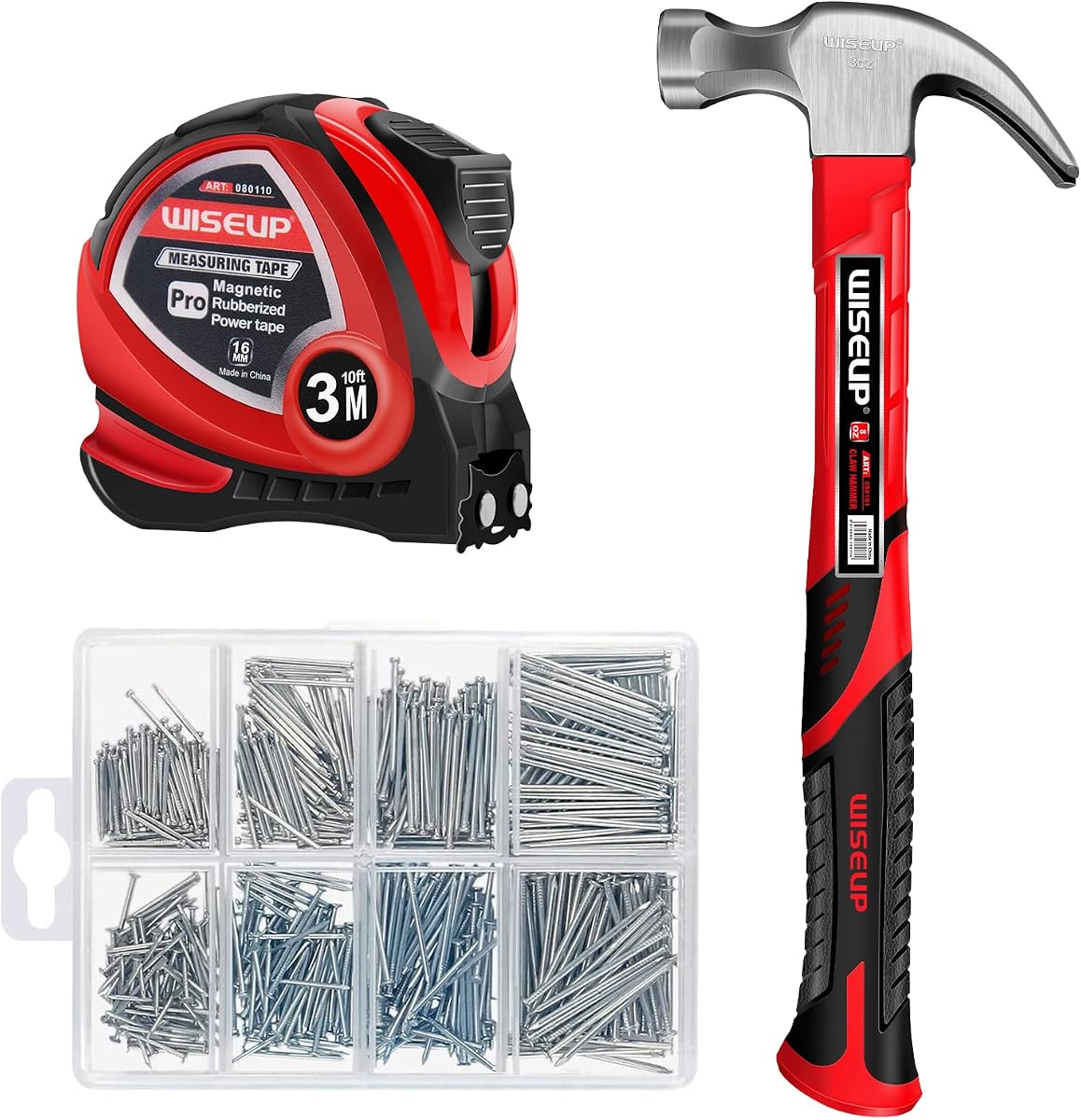 Juego de martillos y clavos, 560 piezas de clavos de pared y clavos de acabado para colgar cuadros, juego de martillo pequeño, cinta métrica de 8 oz, kit básico de herramientas de carpintería de 10 pies para decoración del hogar, artesanía en madera, suministros de bricolaje para el hogar