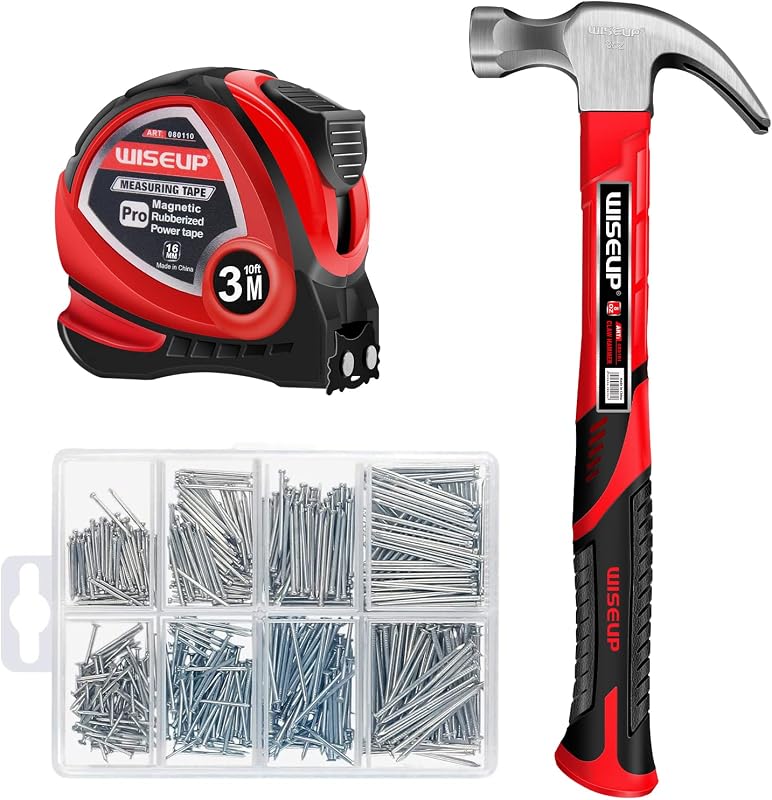 Juego de martillos y clavos, 560 piezas de clavos de pared y clavos de acabado para colgar cuadros, juego de martillo pequeño, cinta métrica de 8 oz, kit básico de herramientas de carpintería de 10 pies para decoración del hogar, artesanía en madera, suministros de bricolaje para el hogar