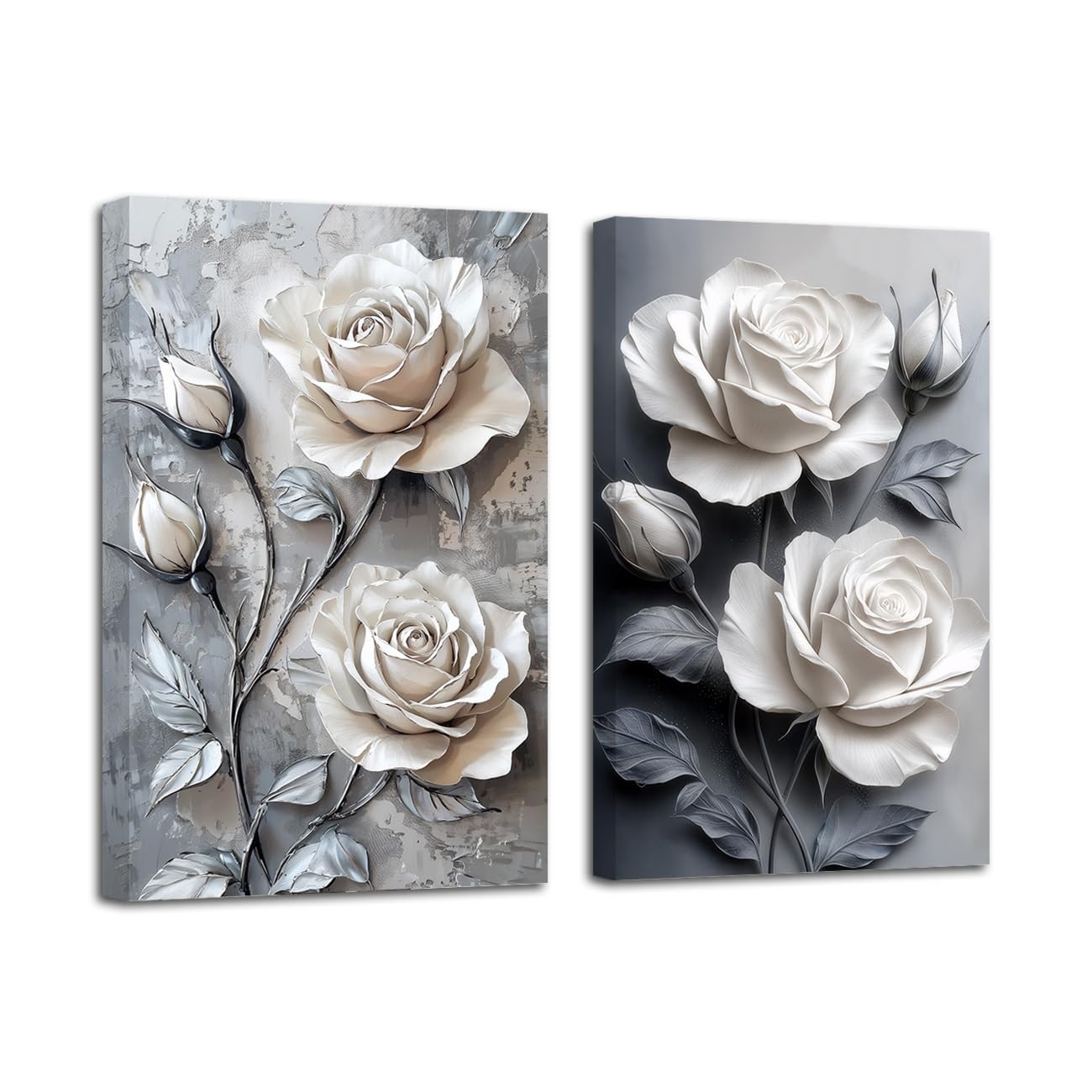 LZIMU White Rose Picture Wall Art 2 Panel Elegant Rose Floral Canvas Prints Abstract Blooming Flowers Painting for Bedroom Bathroom Decor Framed (24x36inchx2 Pieces)