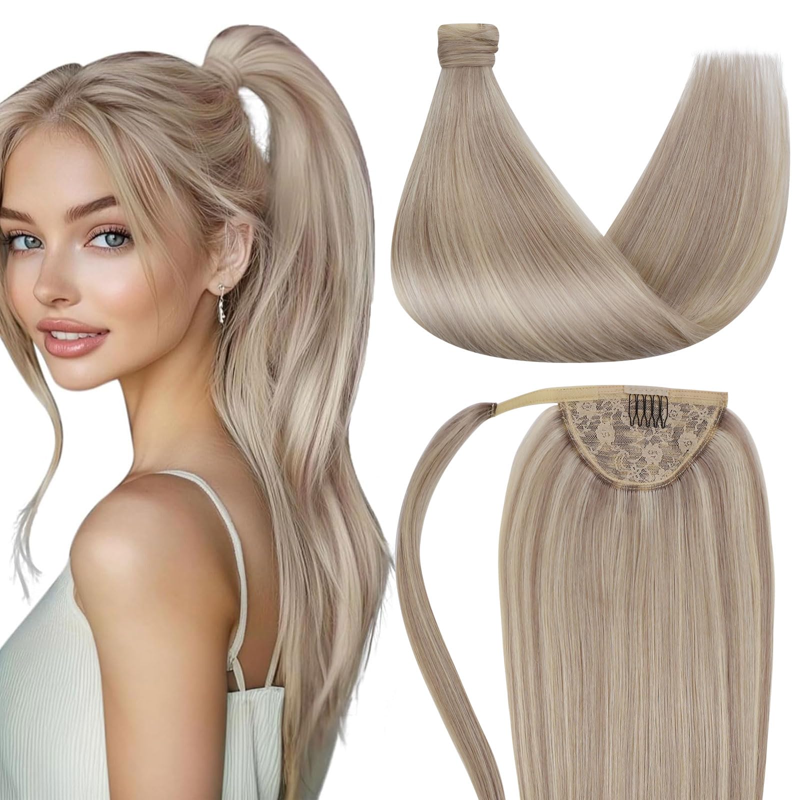 LaaVoo Ponytail Extensions Human Hair Short Blonde Pony Tails Hair Extensions Real Hair Straight Ponytail Extension Human Hair Blonde Highlight 14