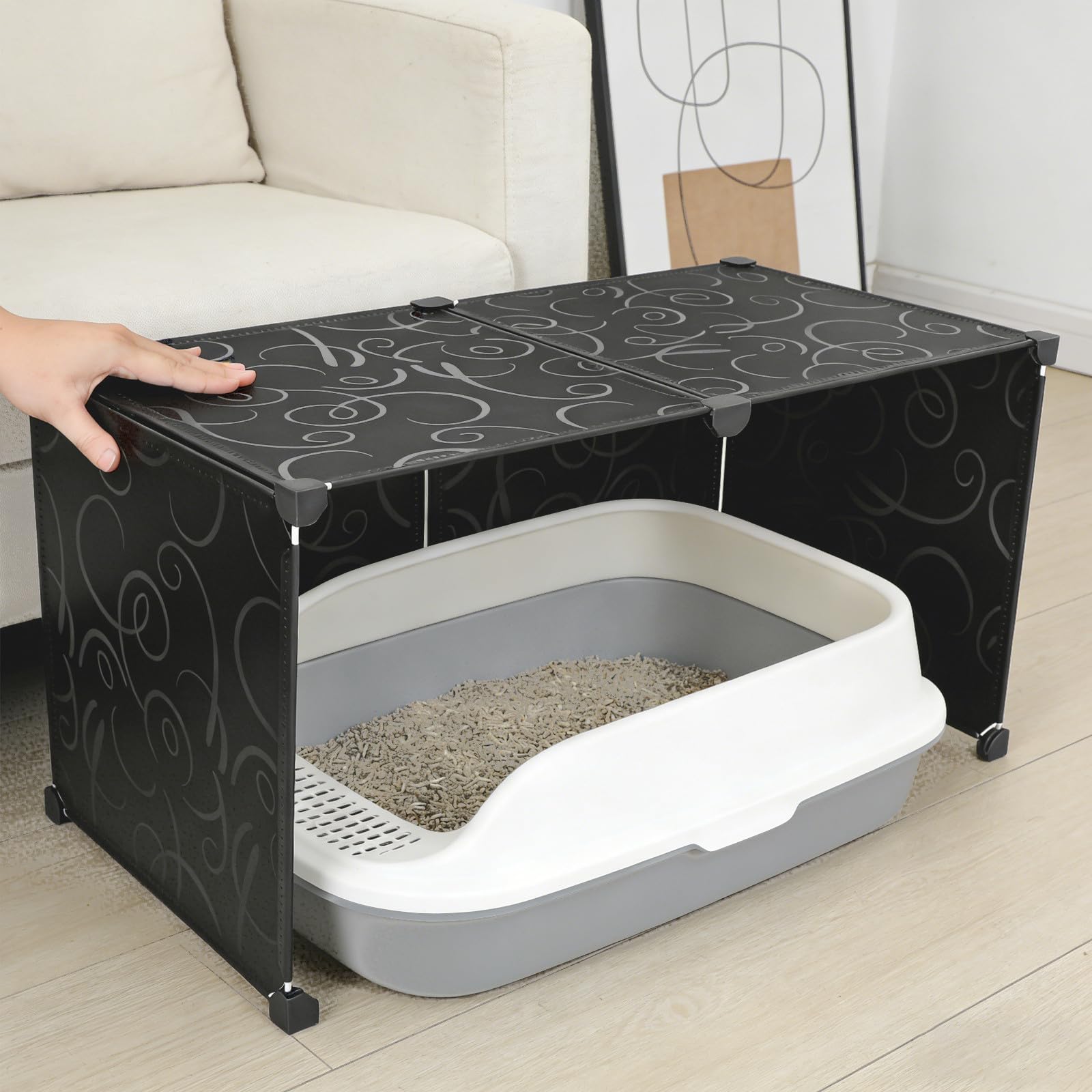 Moderner Katzenstreu Schutzkasten aus Schwarzem Pp Kunststoff mit Wasserdichtem Design Offener Oberseite und Belüftungsöffnungen für Balkone und Wohnzimmer