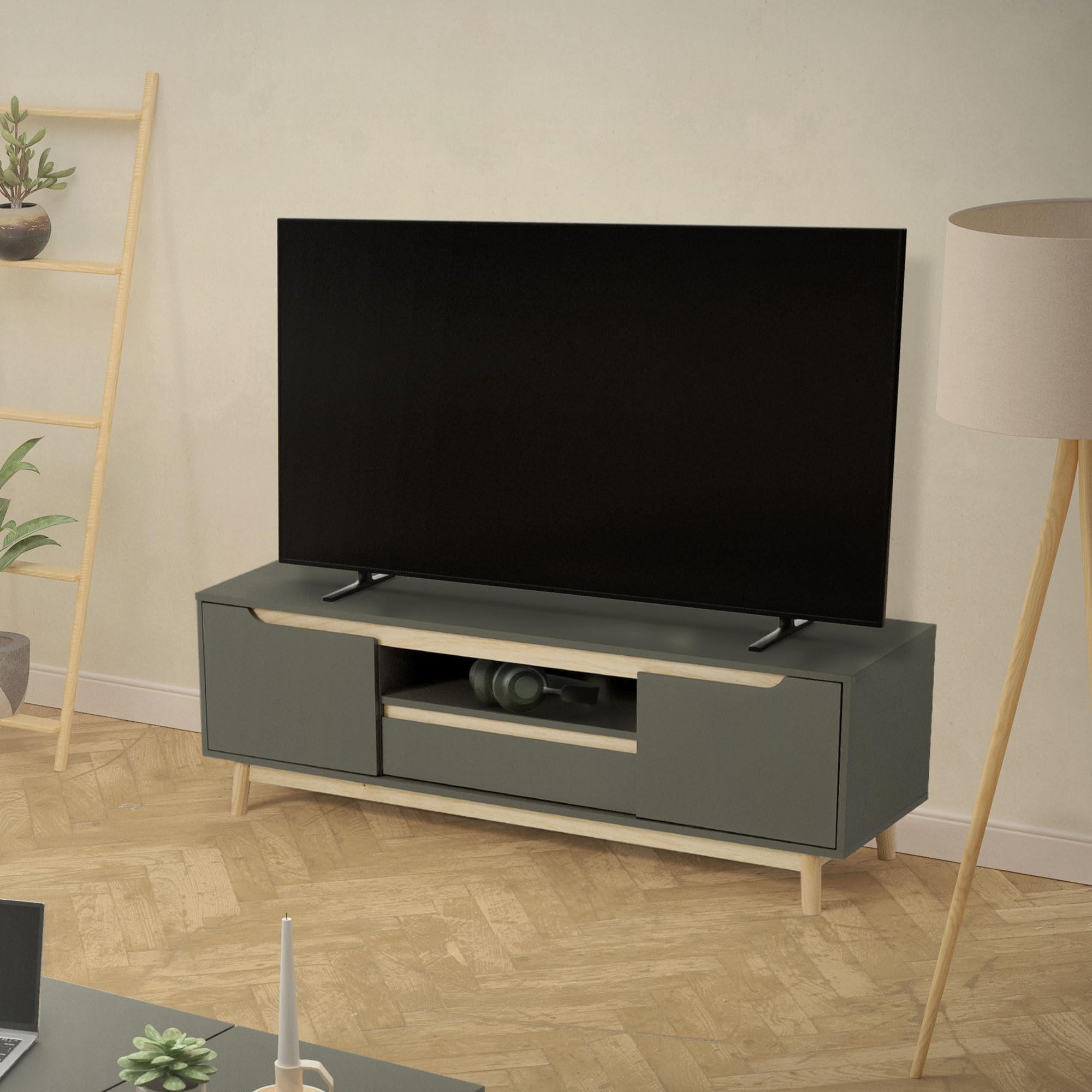 ML-Design Mesa de TV de Madera en Verde-Natural 140x40x46 cm Gabinete