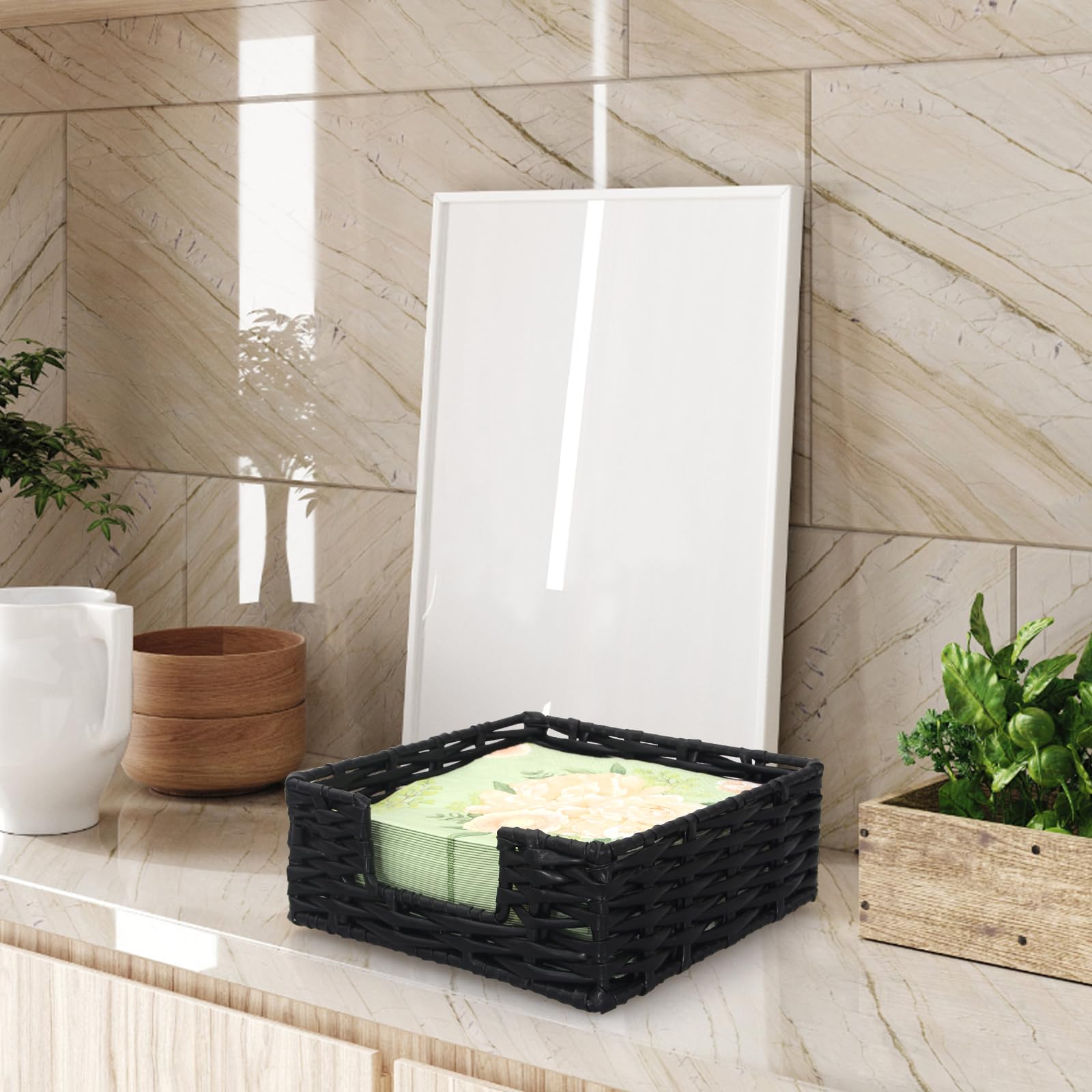 Serviettenhalter Aus Rattan Mit Gewebtem Design – Quadratisch, Gewichtet, Für Küche, Bad Oder Outdoor, 7x7 Zoll