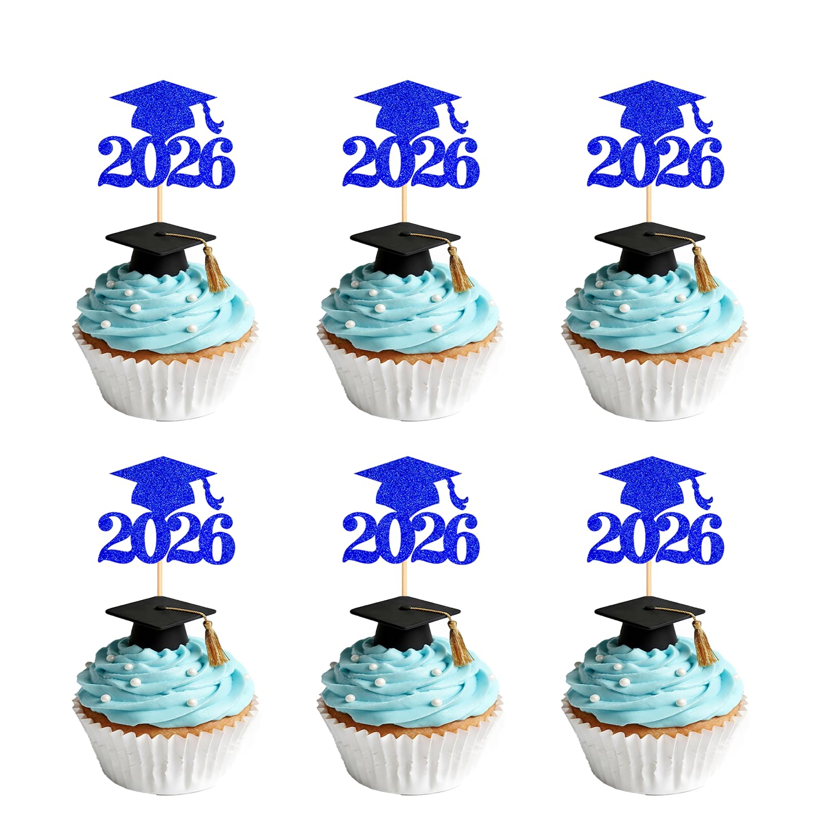 36Pcs 2026 Graduation Cupcake Toppers Glitter Done Grad Cap Cake Topper Decoration for Class of 2026 Graduation Theme Party Supplies Blue
