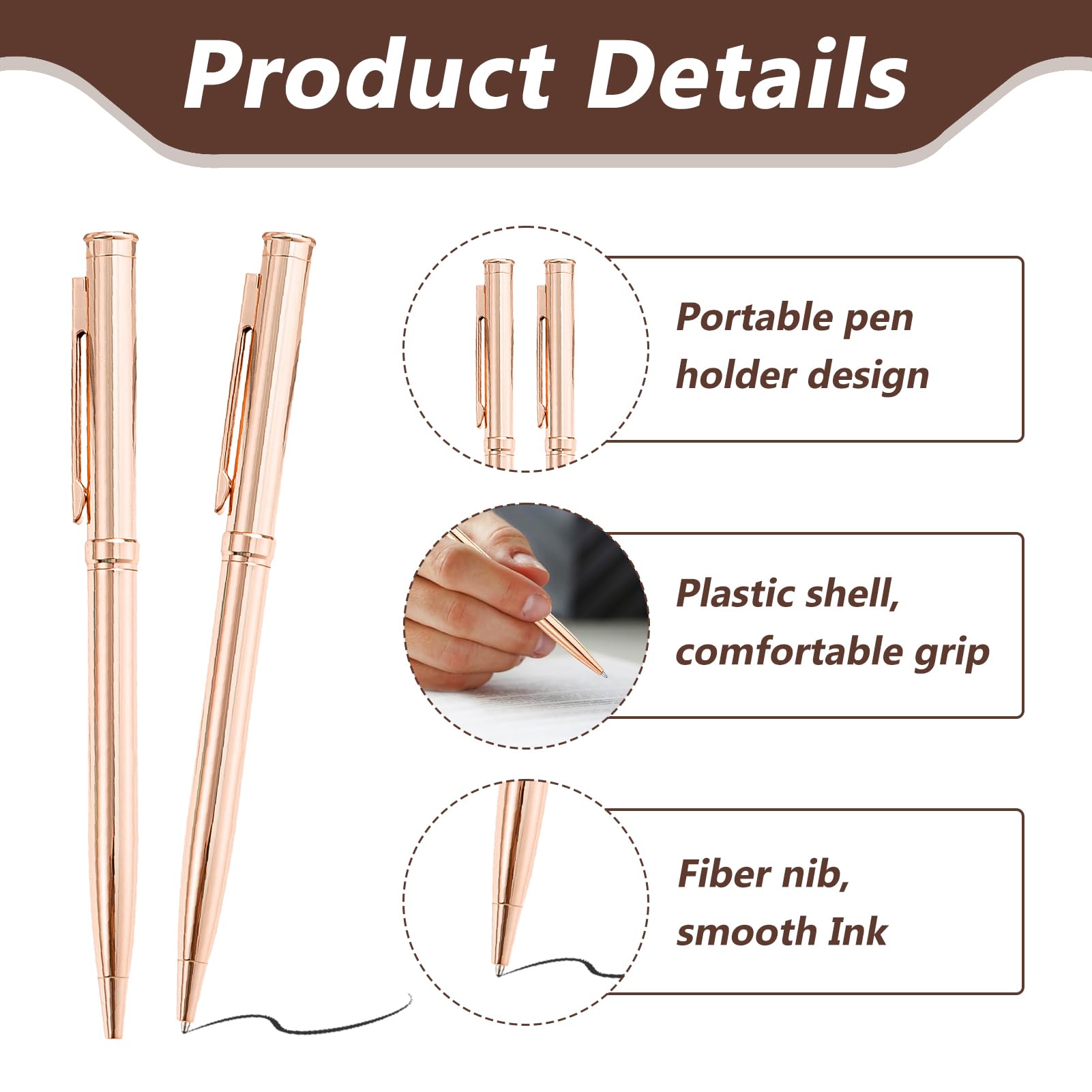 4 Pcs Rose Gold Pens, Metal Ballpoint Pen, Nice Pens, Slim Metal Ballpoint Pens for Students Office, Black Ink - Image 3