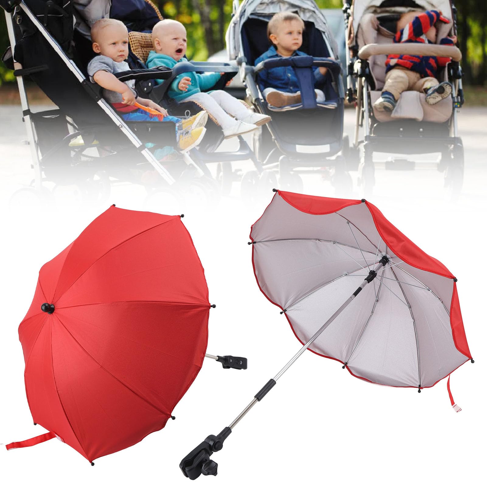 Parasol do Wózka Dziecięcego 14 Cali, Uniwersalna Parasolka do Wózka Dziecięcego Regulowana Ochrona UV Parasol Przeciwsłoneczny do Wózka Spacerowego, Gondoli, Wózka Inwalidzkiego (Czerwony (srebrny klej))