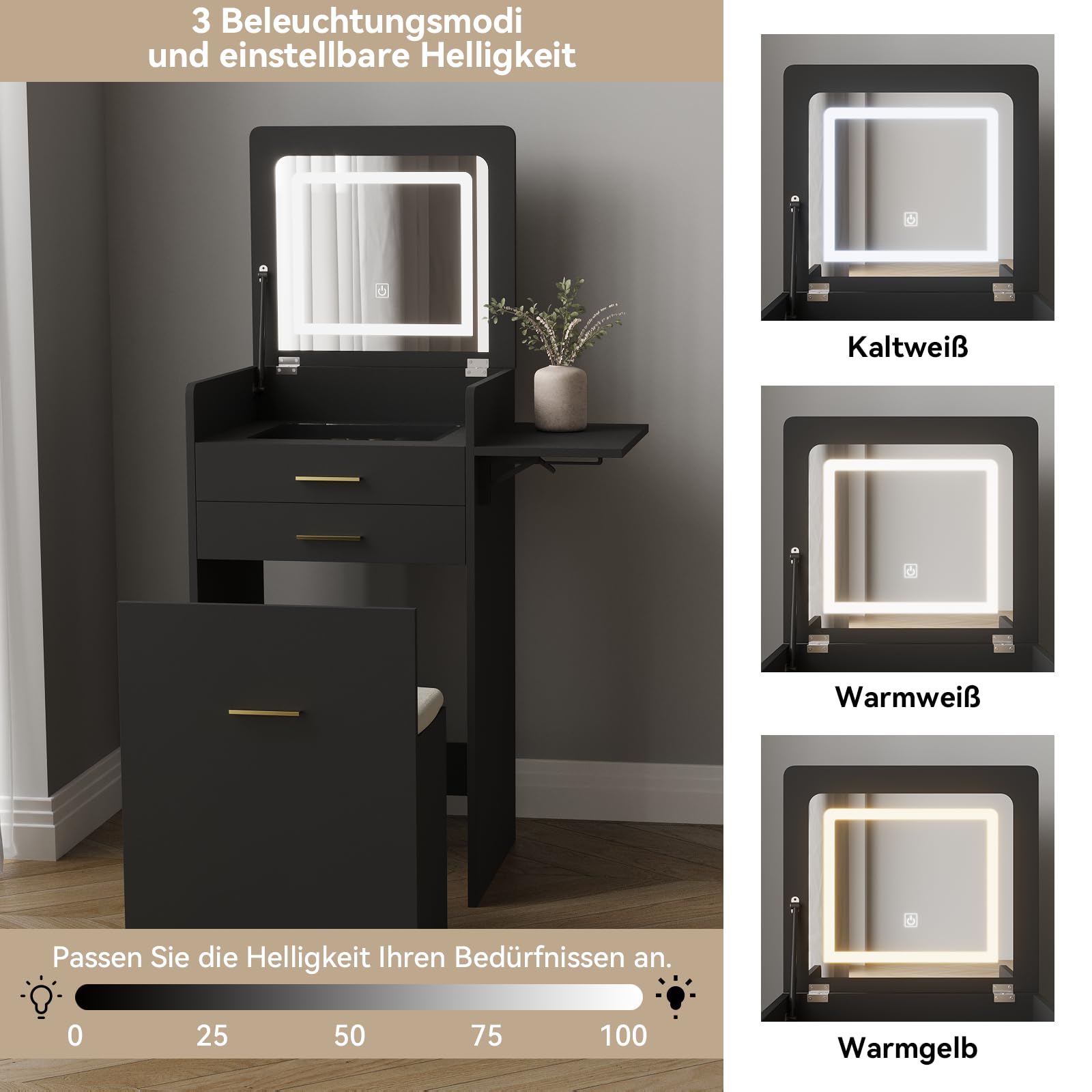 YU YUSING 3 in 1 Schminktisch mit Beleuchtung Spiegel, Klappbarer | 2 Schubladen, Glasplatte, Rollen Hocker, Eckschminktisch Kleiner Frisiertisch für Schlafzimmer, Schwarz