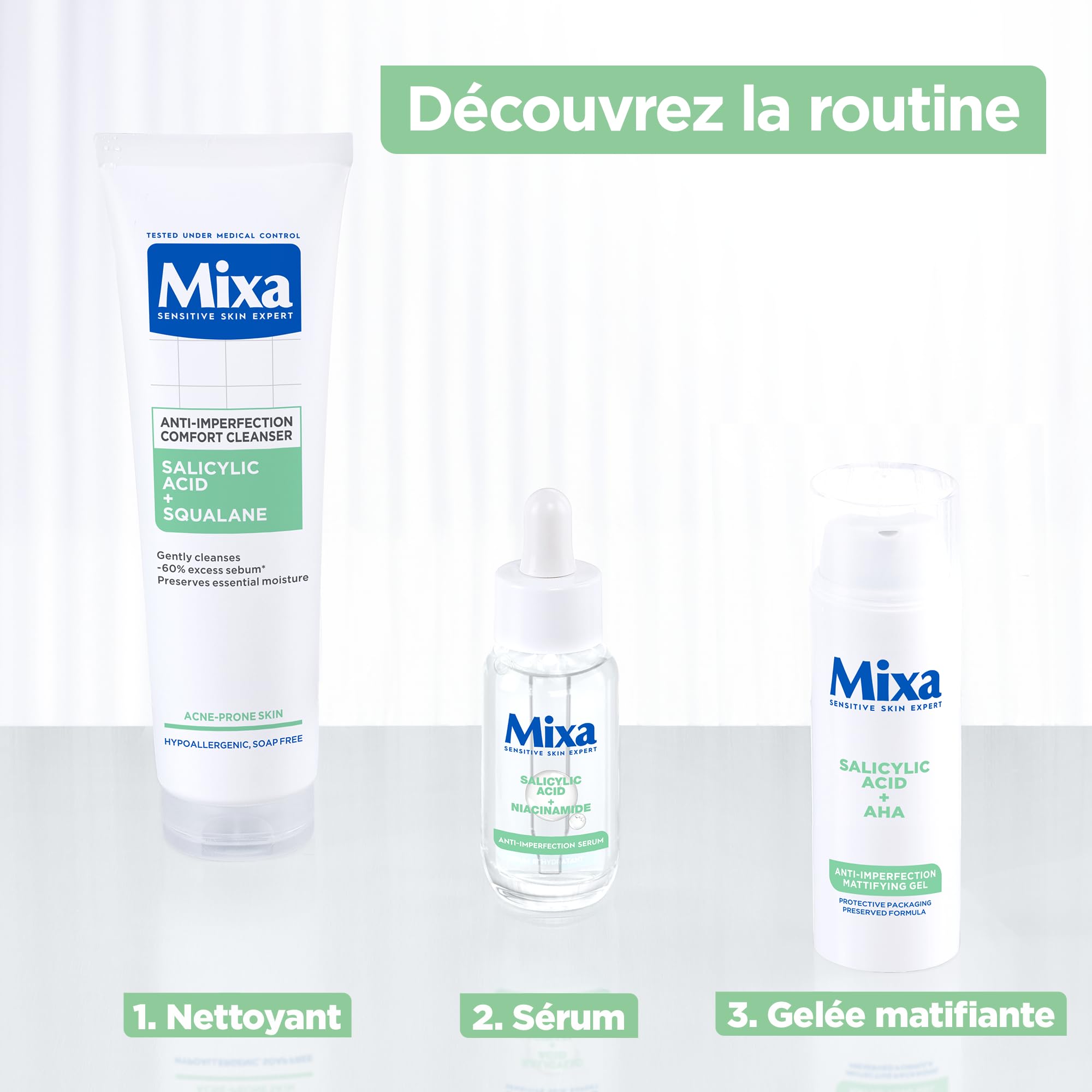 Mixa - Skoncentrowane serum przeciw niedoskonałościom + komfortowy środek czyszczący przeciw niedoskonałościom - z kwasem salicylowym i skwalanem - skóra niedoskonałościowa