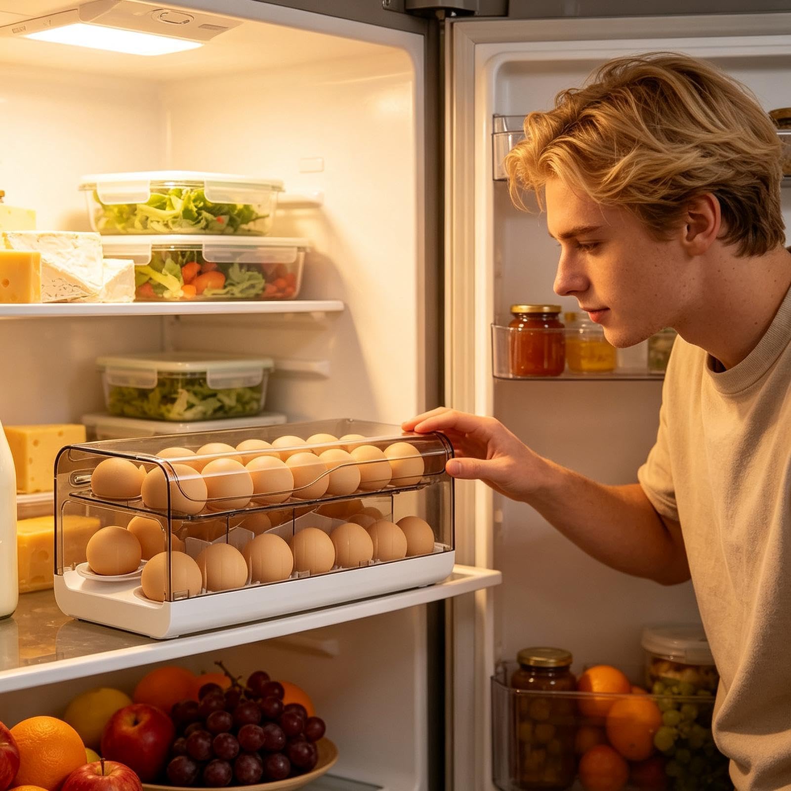 Organizador de huevos para con temporizador, apilable, ahorra espacio | Organizador de Huevos Caja de Almacenamiento para el Hogar Encimera Despensa Preparación de Alimentos Desayuno Hornear