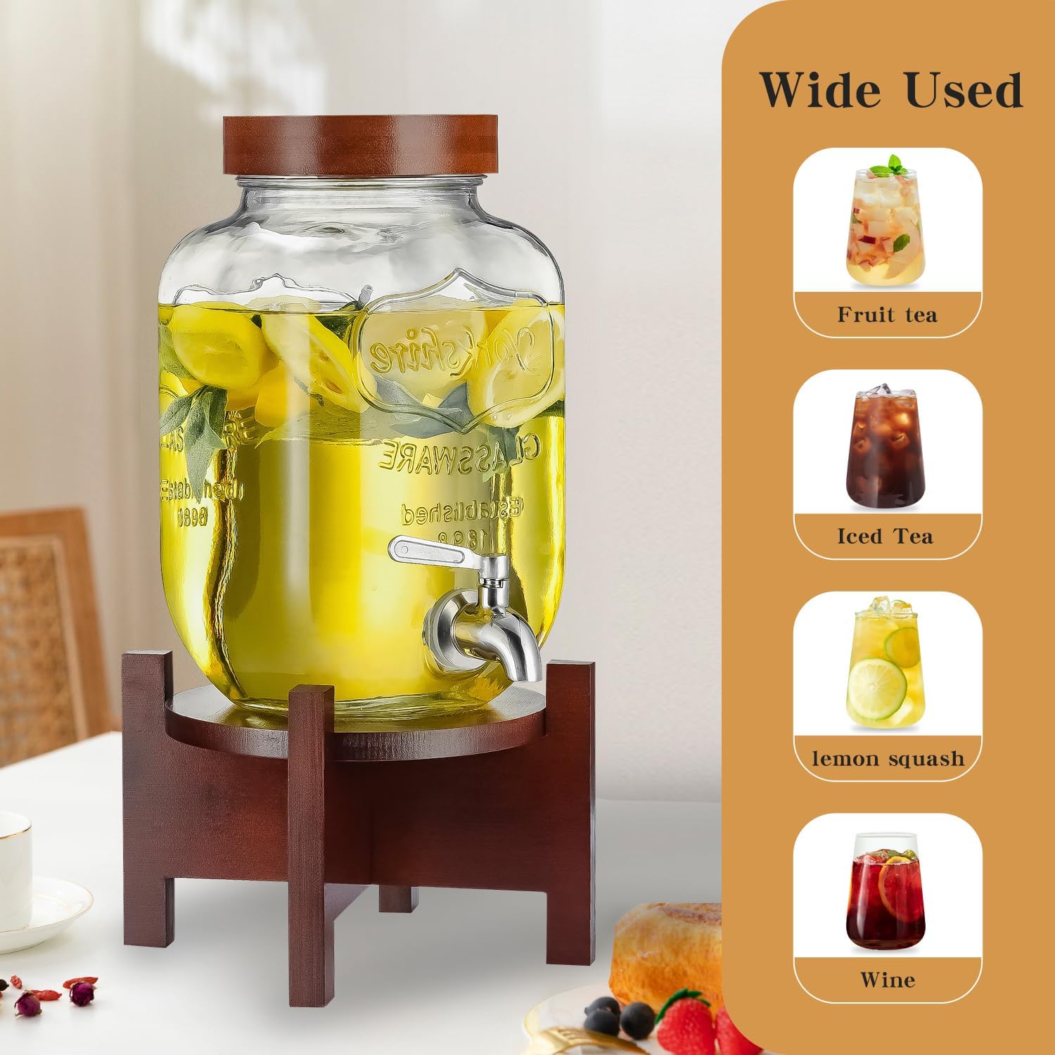 Glass Drink Dispenser with Acacia Wood Stand and Lid,1 Gallon Beverage Dispenser with Stainless Steel Spigot for Parties,Picnics,Barbecues,Lemonade,Sun tea Jar,ice coffee,Laundry Detergent Dispenser - Image 3