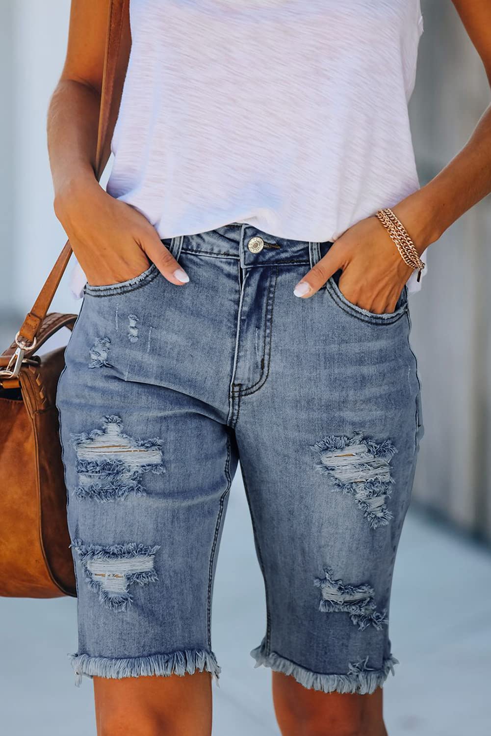 Alaster Queen Bermudas de Mujer Bermudas Vaqueras de Tiro Medio con Vuelta en los puños Azul auténtico L