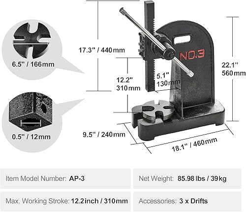 Miniatura 7 de Happybuy Prensa manual de eje de 3 toneladas, altura máxima de 12.2 pulgadas, prensa manual de precisión de hierro fundido de alta resistencia, para