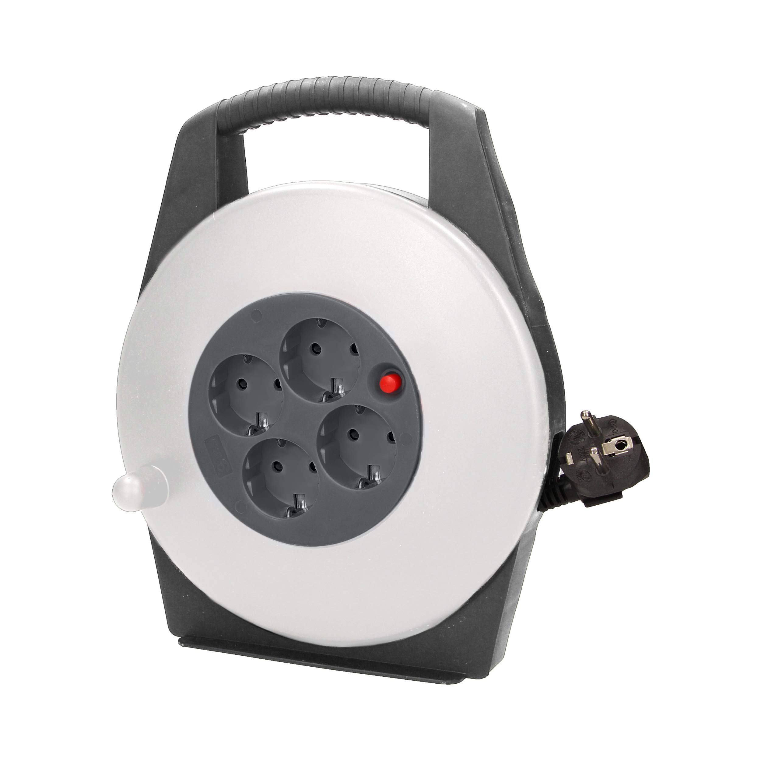 ORNO AE-13113(GS)/G Mini carrete de cable de 10 m con 4 enchufes, soporte y contactos de seguridad para niños, 2300 W/10 A, 230 V, 50 Hz, dimensiones 22,5 x 28 x 8 cm