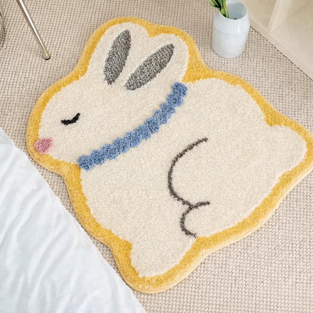 Kids Rabbit Rug, 20 x 26 Inch Microfiber Non-Slip Floor Mat, Cream White Bunny Area Rug for Nursery, Bedroom, Playroom, Soft Decorative Carpet for Kids Room