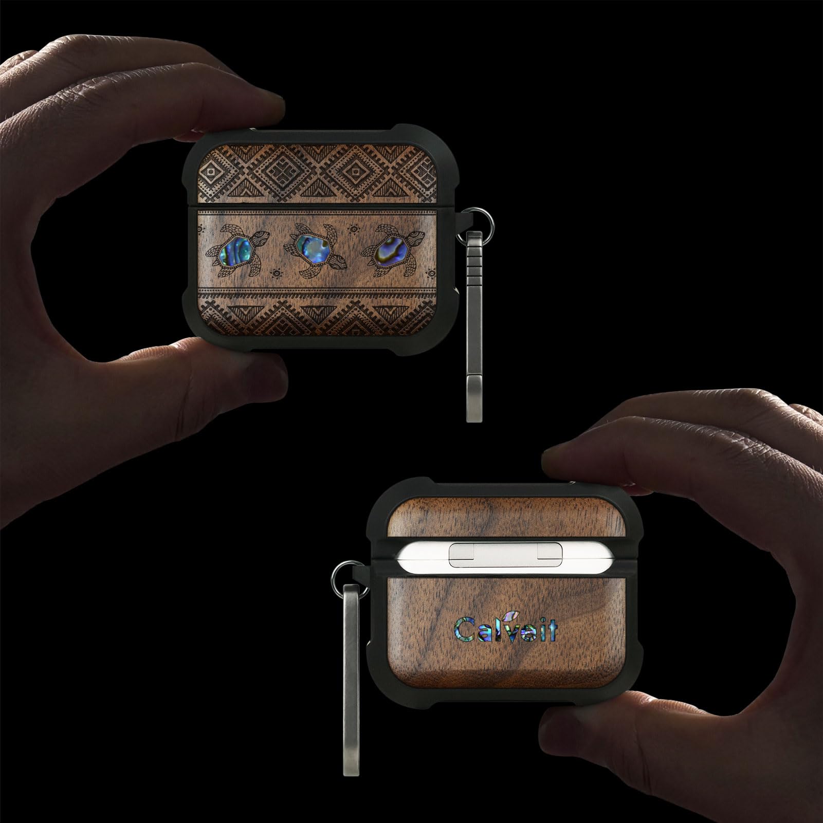 Carveit Etui kompatybilne z AirPods Pro 3 (2025), etui ochronne [grawerunek z drewna i muszla] [tytanowe szybkie zapięcie] do Airpods Pro 3 skóra 2025 (żółwie z drewna orzechowo-amisznego)