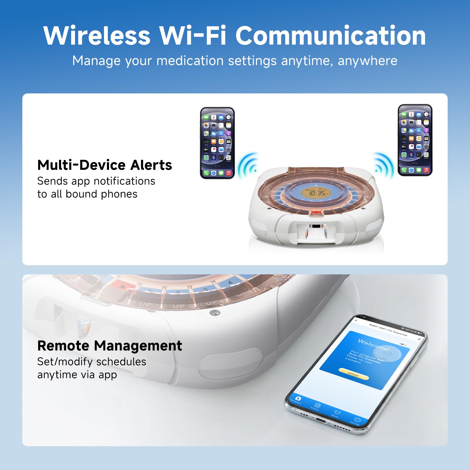 Retekess TH017 Distributore Automatico di Pillole, Comunicazione Wi-Fi Wireless, Espulsione Automatica Delle Pillole, 21 Scomparti per Pillole, due Opzioni di Alimentazione, per Anziani