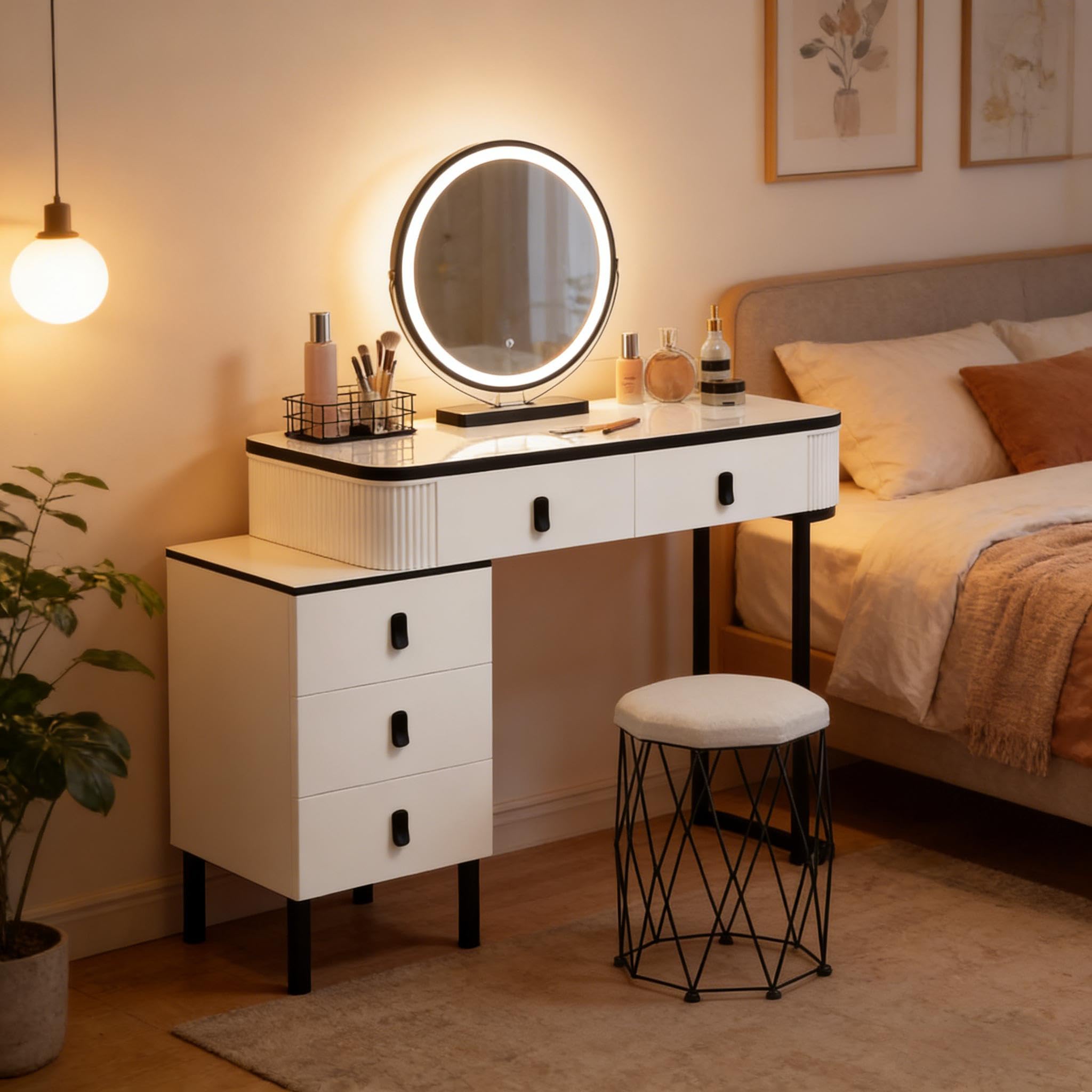 Tavolo da toeletta con specchio LED, 5 cassetti, sgabello