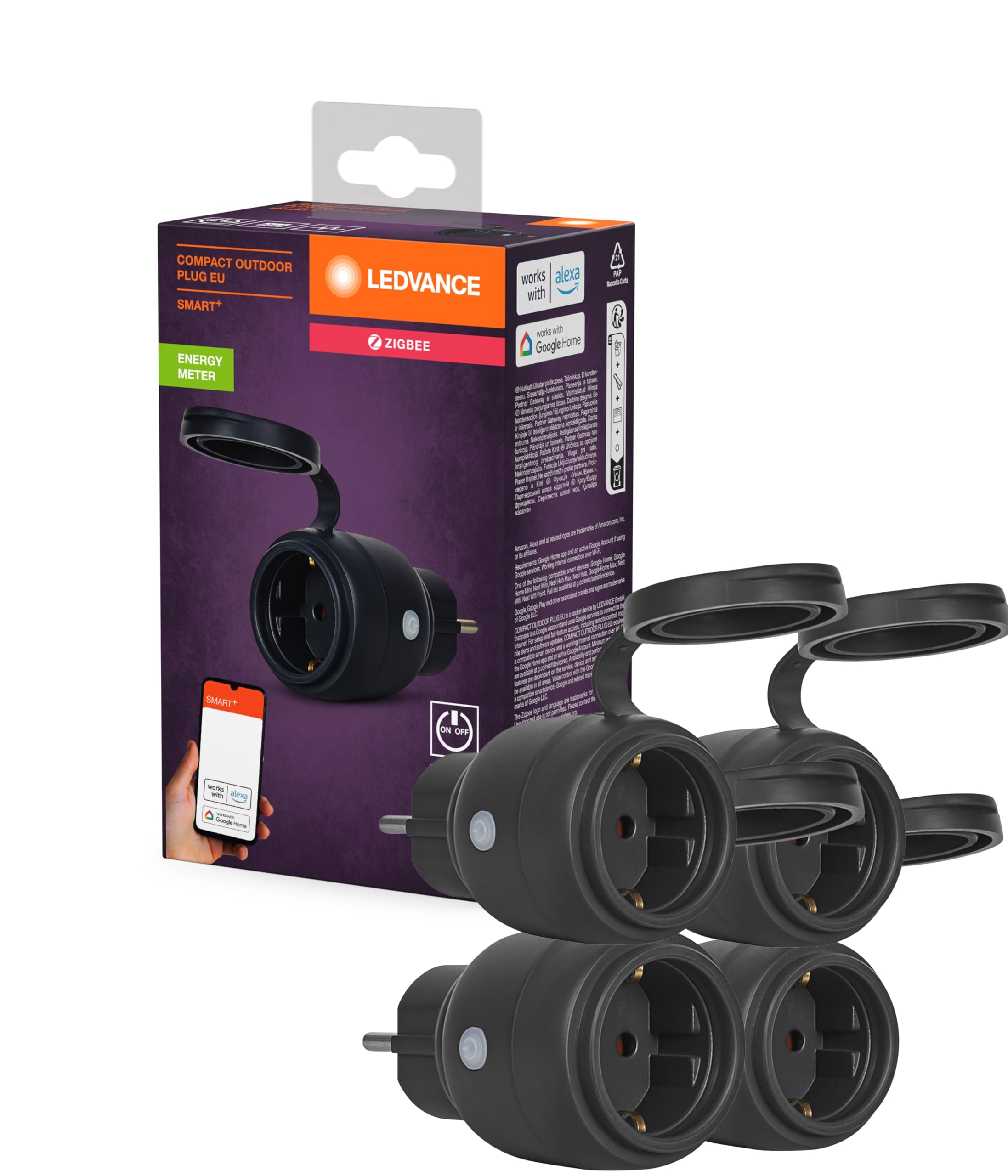 LEDVANCE LEDVANCE SMART+ ZigBee Outdoor Plug, kompakte Außensteckdose mit Energieverbrauchskontrolle, macht konventionelle Geräte smart, steuerbar über Alexa, Google Home und andere Zigbee Gateways, 4er-Pack