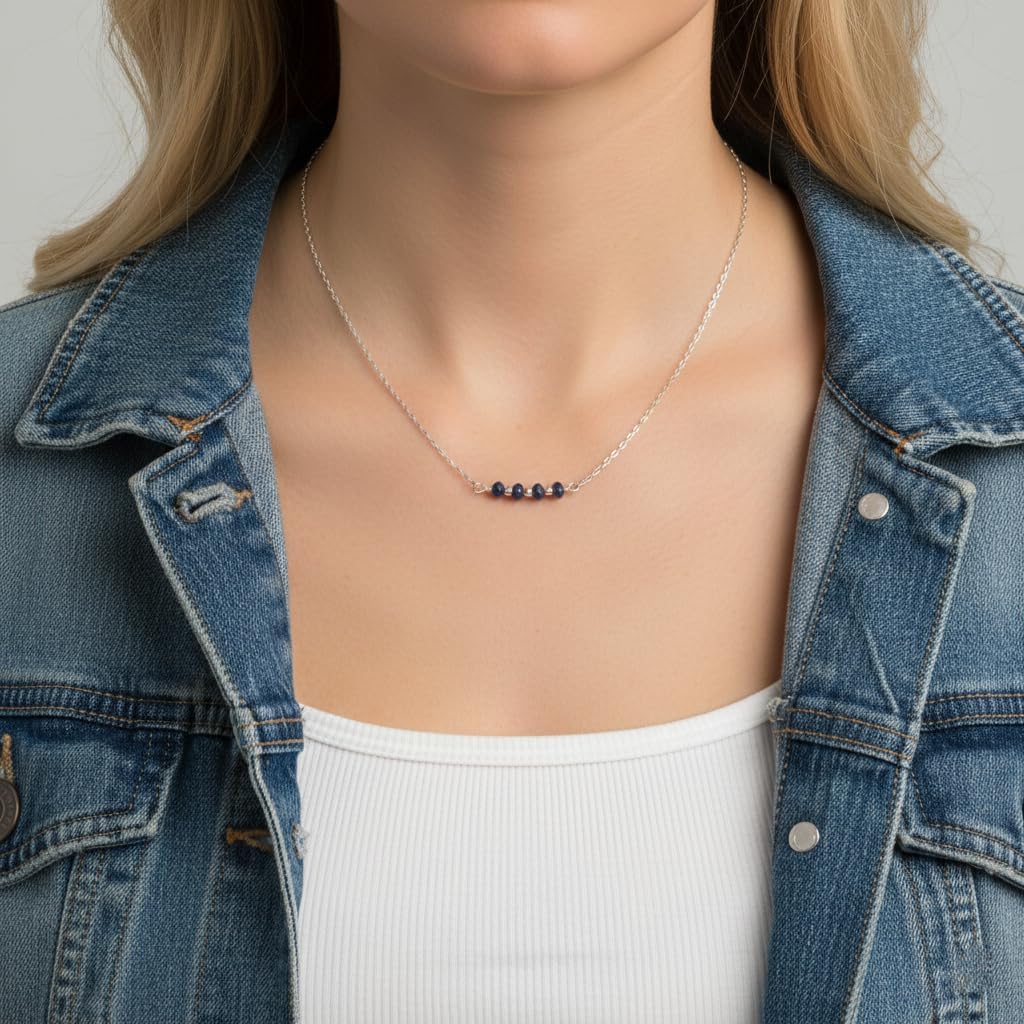 EnCharmed Sterling Silver Blue Sapphire Delicate Choker, Handmade Minimal Dainty Gemstone Necklace, Adjustable Length 14-17 Inches, September Birthstone - Image 2