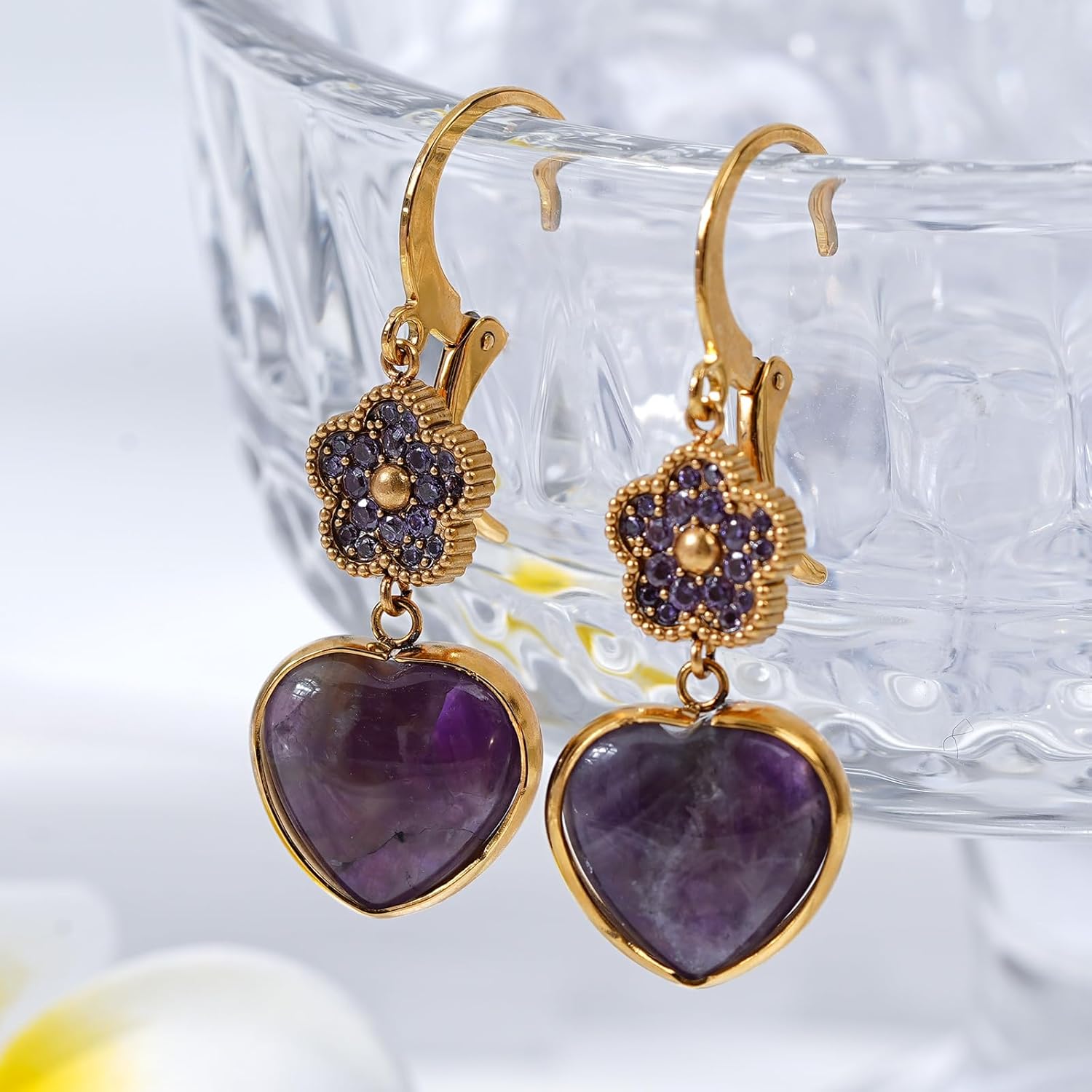AmethystHeart Earrings Dangle Hoop Earrings for Women 18K Gold Plated Trendy Cubic Zirconia Bling Jewelry Hypoallergenic - Image 4