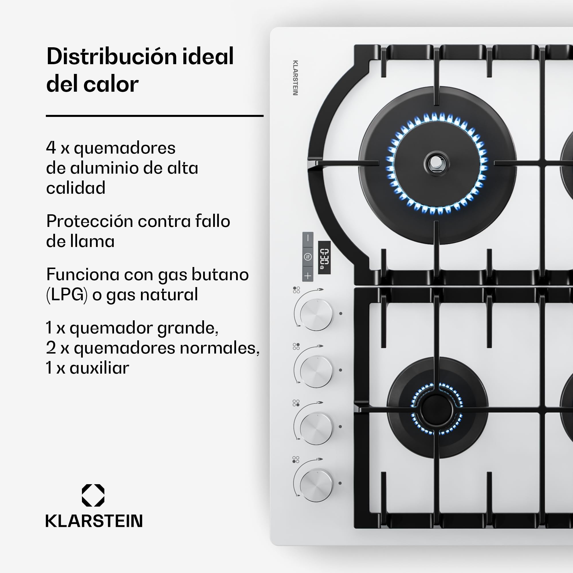 Klarstein Ignito Placa de Gas, 4 Quemadores Aluminio, 8000W, Temporizador, Control Preciso, Seguridad Antiflama, Encendido Eléctrico, 60x51cm, Encimera Gas, GLP/Natural, Blanco