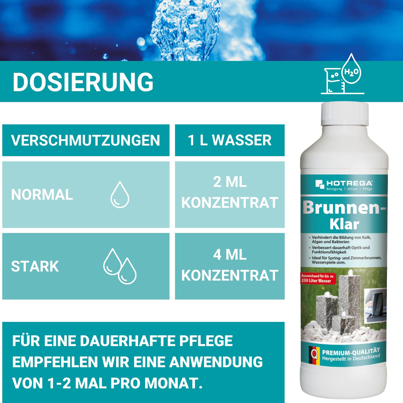 HOTREGA Brunnen-Klar 3x 500 ml | Brunnenreiniger gegen Kalk Algen und Bakterien | Für Innen- und Außenbereich | Geeignet für Zier- und Gartenanlagen