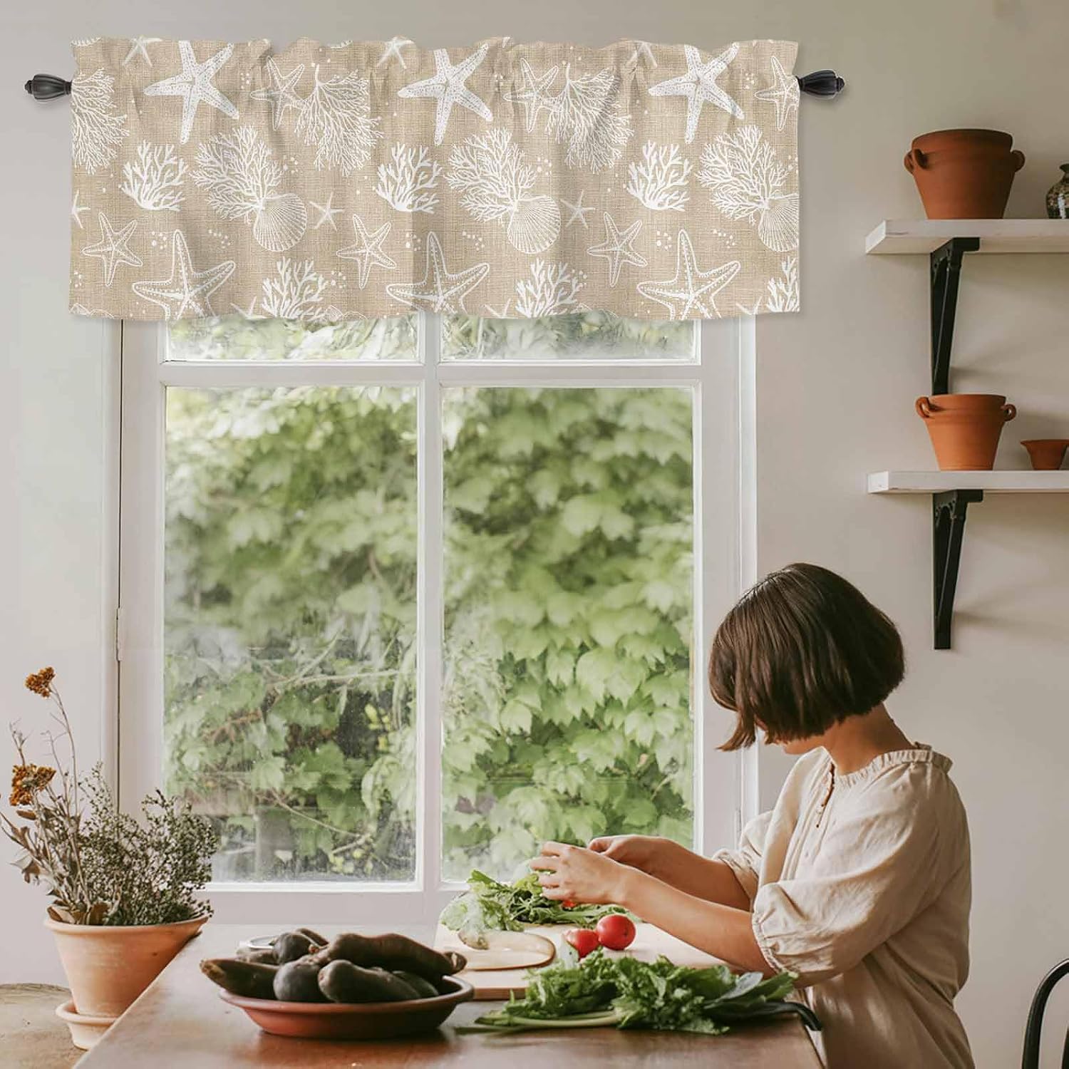 Rustic Coastal Valances for Windows Farmhouse Kitchen Curtains Valances Rod Pocket Valance Curtains for Windows Sea Nautical Summer Beach Starfish Coral Window Valance for Bedroom Bathroom 42"x18"