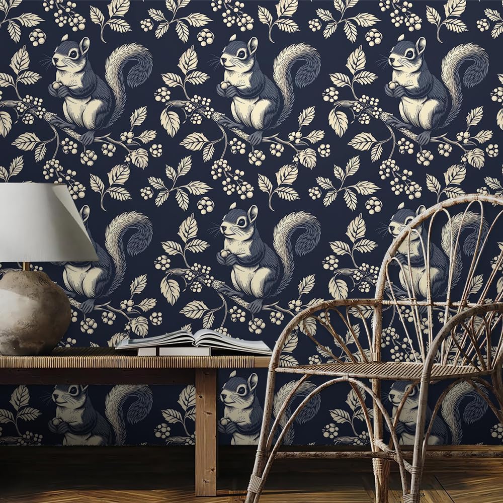 REDAMANCY Beige Black Squirrel Floral Animals Peel and Stick Wallpaper Vintage Wall Paper Stick on Contact Paper Easy Peel Off for nightstand Drawer Renter Friendly 17.7"x236"
