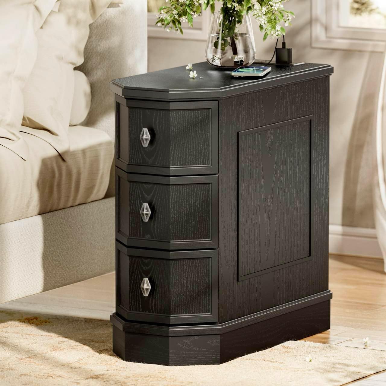 Nightstand with Charging Station, Vintage Wood End Table with 3 Drawer, Victoria Narrow Side Table, Slim Bedside Tables for Bedroom, Pre-Installation, Black