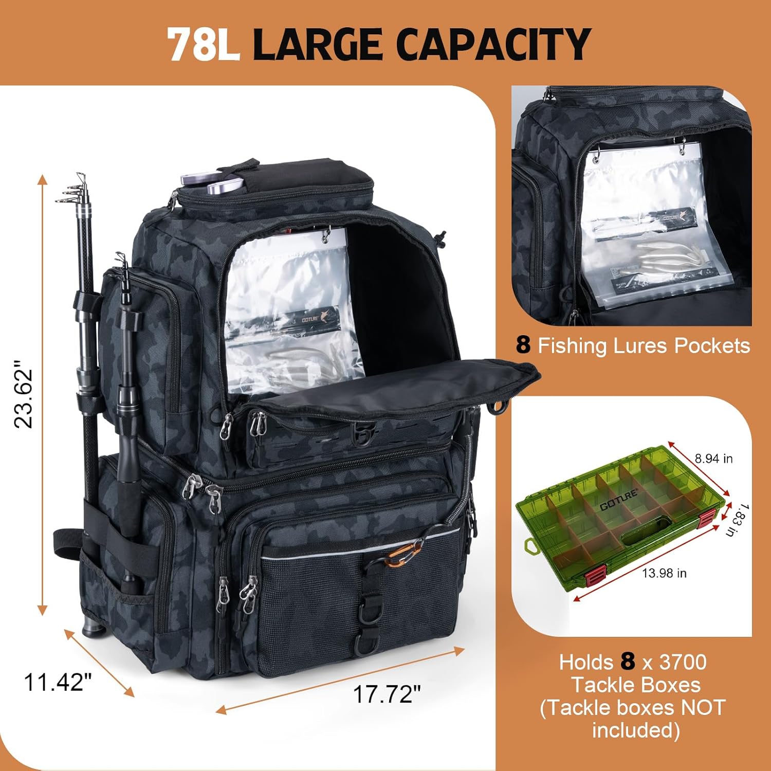 Goture Fishing Backpack, 78L 600D Water-Resistant Insulated Tackle Backpack with Cooler, Rod Holders, 8 Lure Pockets, Rain Cover, Gear Storage Large Fishing Bag for Camping Hiking(Without Tackle Box)