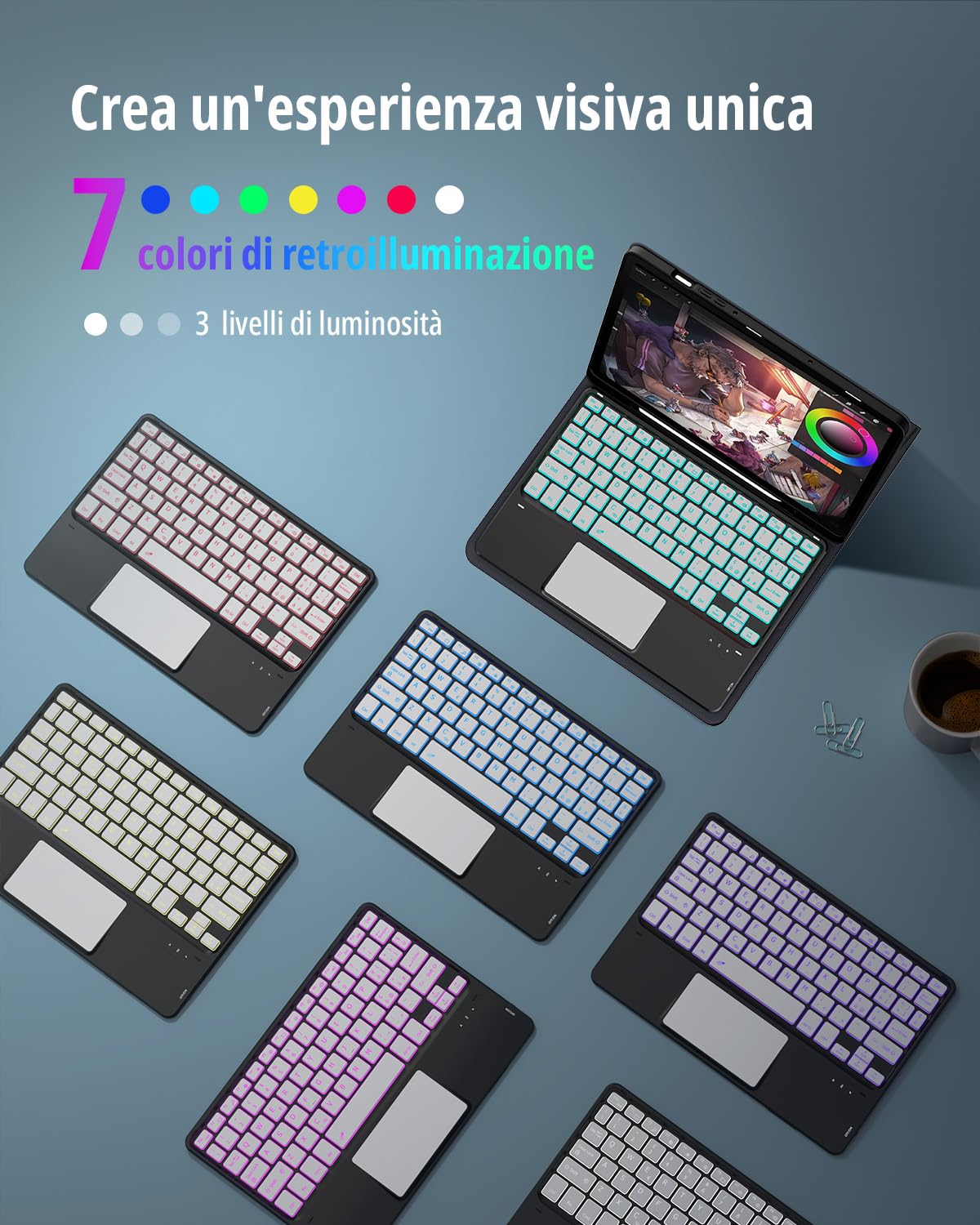 CACOE Cover con Tastiera per Samsung Galaxy Tab S10 Lite / S10 FE / S9 FE/S9 10.9"/11" (2025/2023) con Touchpad, Custodia con Portapenne Tastiera Wireless Staccabile con Illuminazione a 7 Colori, Nero