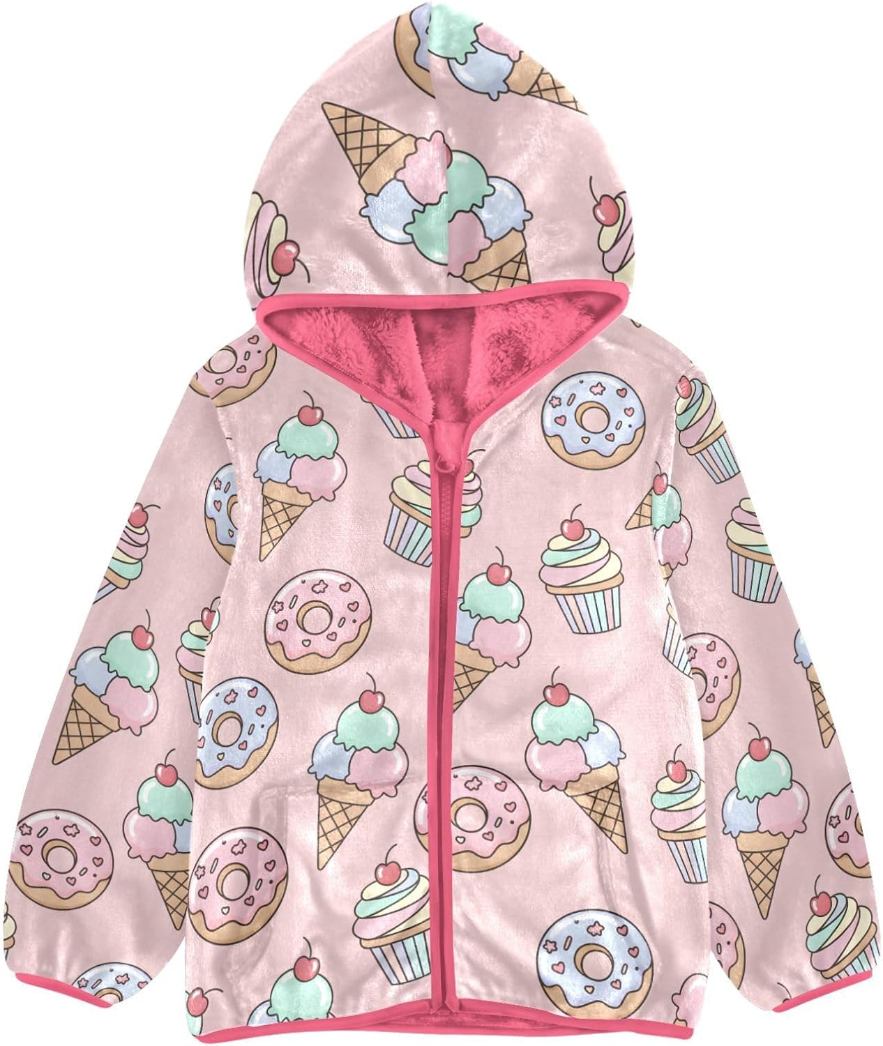 Girls Hoodie Outfit Ice Cream Donuts Pattern Zipper Sweatshirt Coat Fleece Jacket for Kids 3-10T