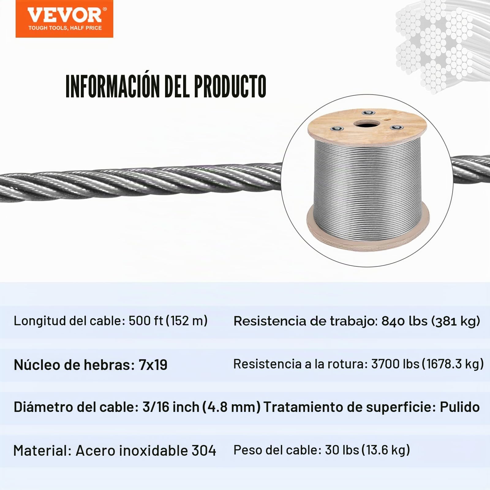 VEVOR Cable Inox 150 m Cable Metálico Acero Inoxidable 4,76 mm Carrete Alambre de Suspensión 7 x 19 hebras Resistencia a Ruptura 1678 kg para Rampas de Escalera Cuerda para Colgar Cadena Luminosa