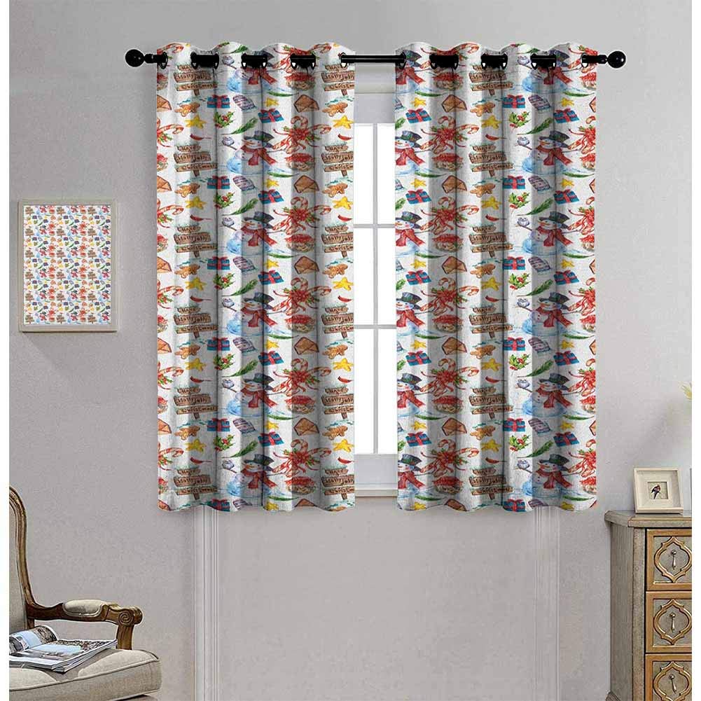 Ford Mackintosh Christmas Grommet Curtains 55 Inch Lenght Multicolor Lush Decor Curtains 63x55 Inch, Holly Jolly Noel Wish Joyous Art Pattern of Snowman Owl Wood Sign Pine Biscuits Girl Nursery Decor