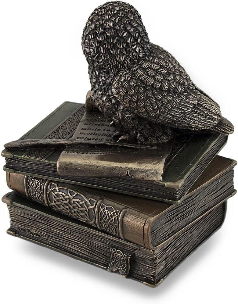 Veronese Design Owl Perched On Stack of Books Bronzed Trinket Box/Stash Box Statue